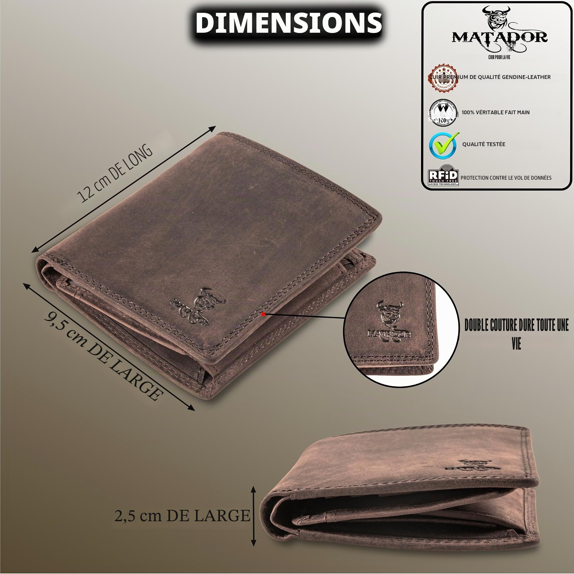 MATADOR Porte Monnaie Homme Cuir #Vigo avec élégante Boîte Cadeau, Luxe Porte Carte Homme RFID, Grand Portefeuille avec de Nombreux Compartiments à Cartes en Marron Foncé