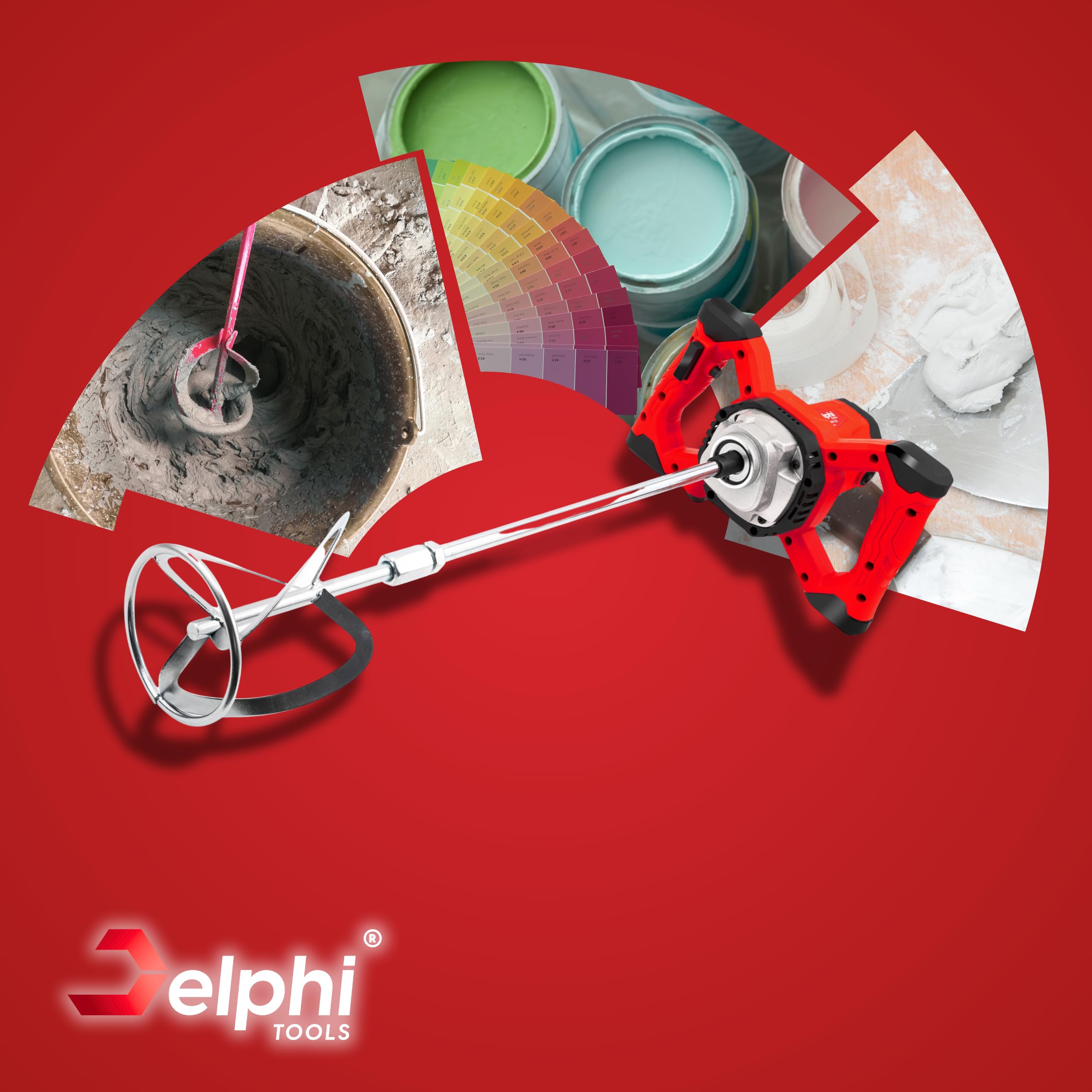 Delphi Mélangeur électrique 2600 W avec 2 agitateurs, 6 vitesses, pour colle, béton, peinture, plâtre avec sac et accessoires M14 940 tr/min