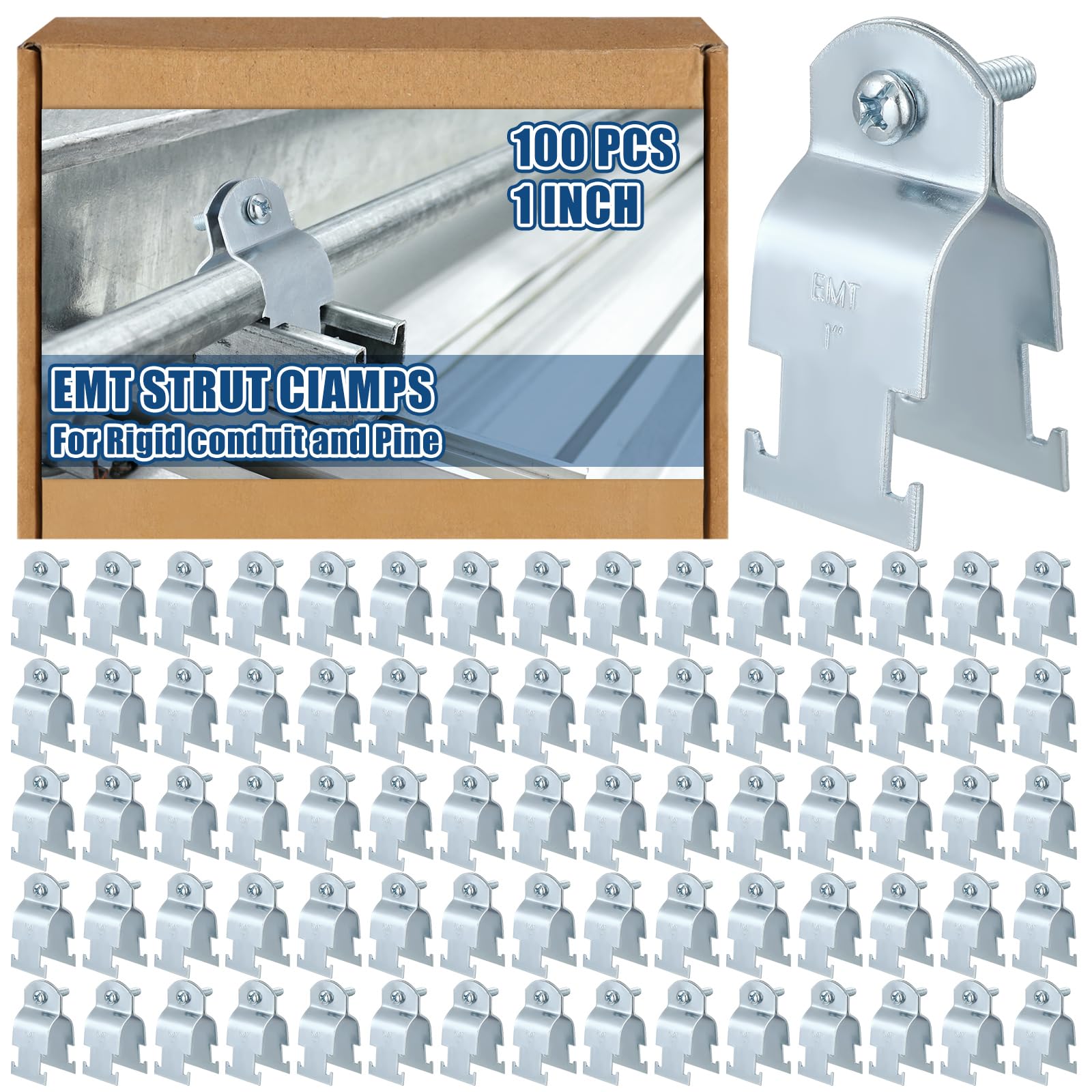 Landhoow Emt Pipe Universal Strut Clamps Strut Channel Accessory Electro Galvanized Conduit Clamp with Bolt and Nut, Rigid Pipe Tool(1 Inch,Silver,100 Pcs)