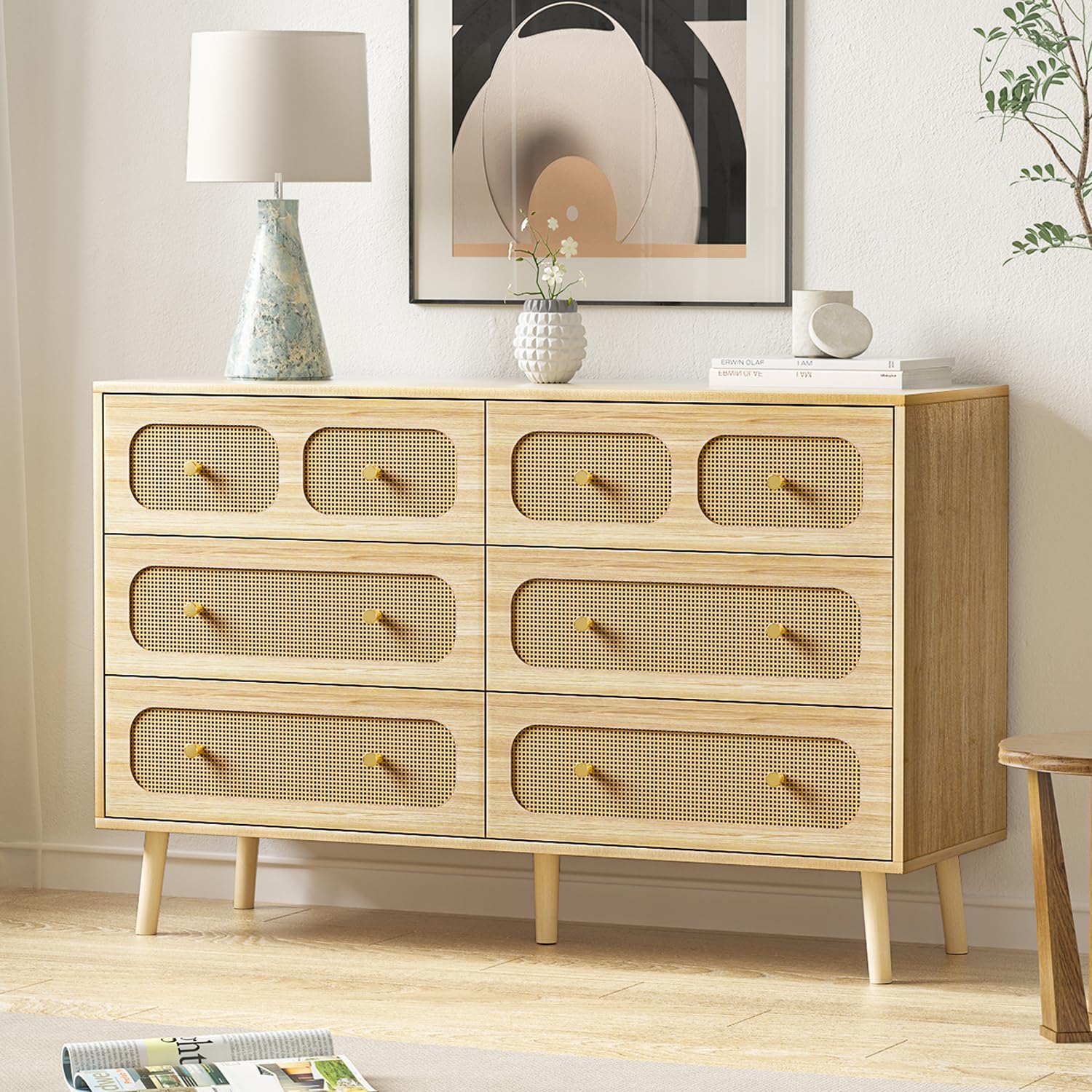 Rattan Dresser for Bedroom, Boho 6 Drawer Double Dresser with Gold Handles, Natural Wood Storage Dressers & Chest of Drawers, 6 Drawer Dressers
