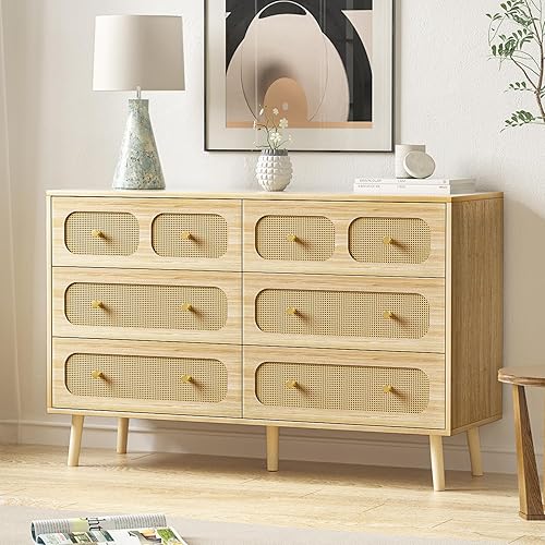 Rattan Dresser for Bedroom, Boho 6 Drawer Double Dresser with Gold Handles, Natural Wood Storage Dressers & Chest of Drawers, 6 Drawer Dressers