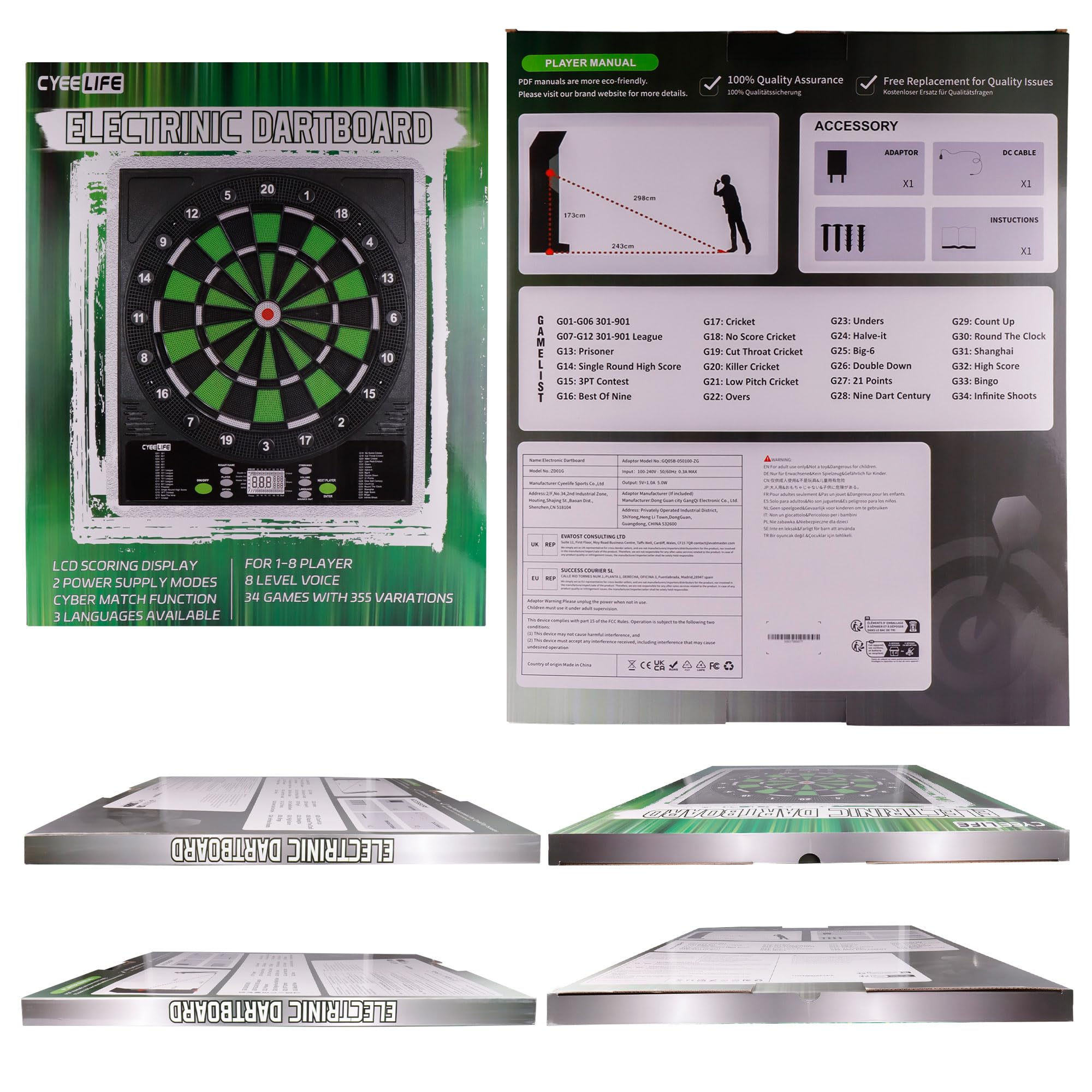 CyeeLife Diana Electrónica Profesional con 12 Dardos, 24 Plumas, 50 Puntas, 2 Protectores de Plumas, 34 Juegos 355 Variantes para 1-8 Jugadores