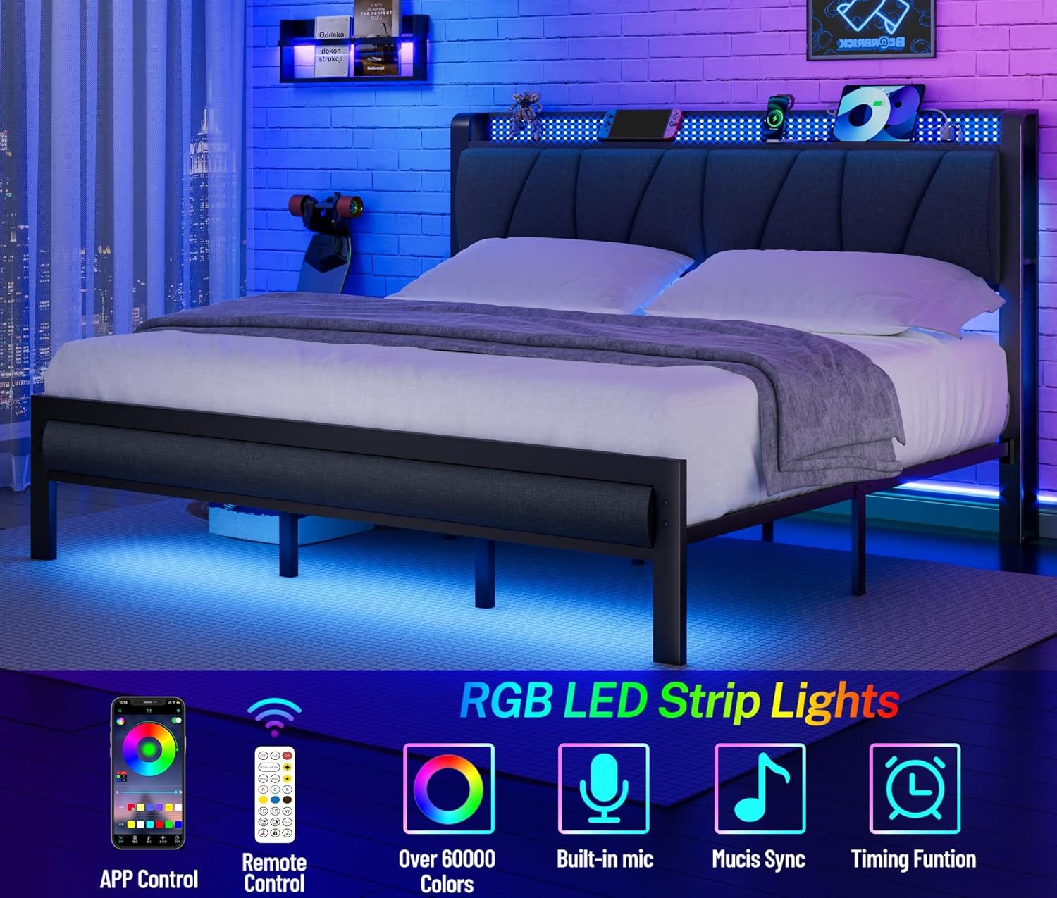 Queen Bed Frame with Headboard and Storage Shelf, LED Light and Charging Station