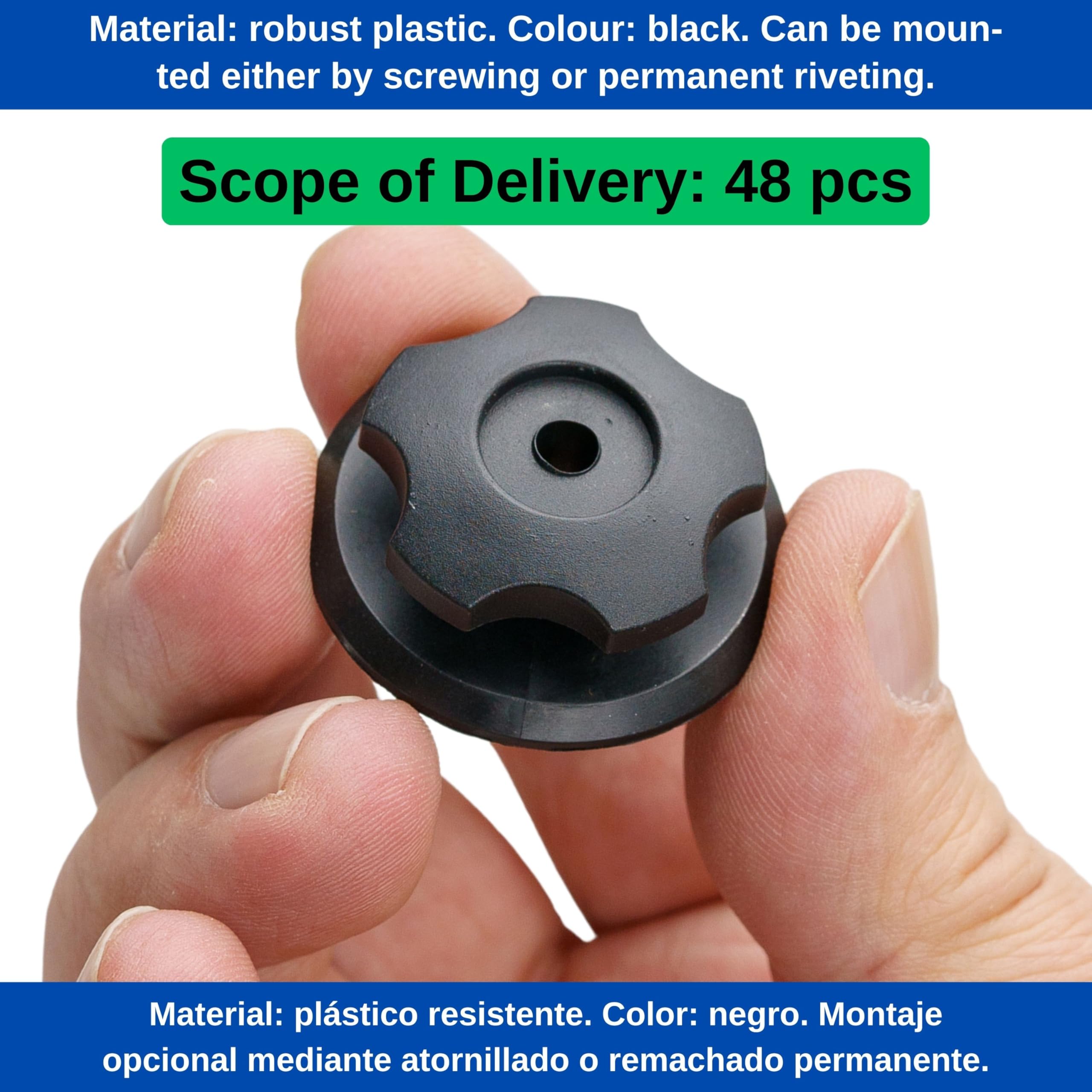 Okrągłe guziki do plandek, 48 szt, w kolorze Czarnym, wykonane z twardego plastiku, okrągłe guziki o Ø 36 x 14 mm do elastycznych pasów siatek i plandek przyczep