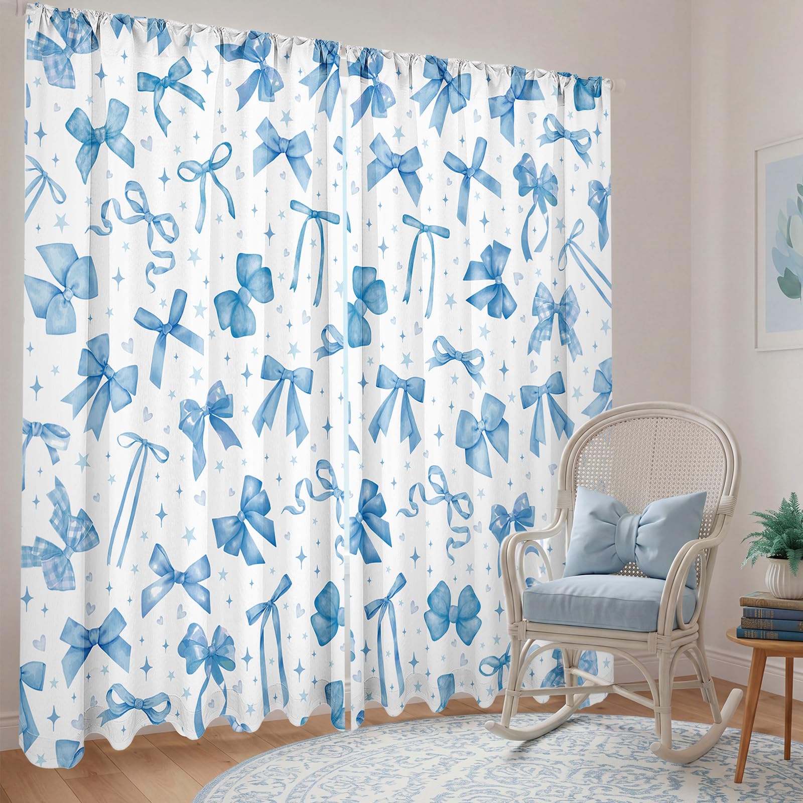 SmoothNovelty 2 Pcs Blue Bow Curtains for Living Room Girls Bedroom Curtain