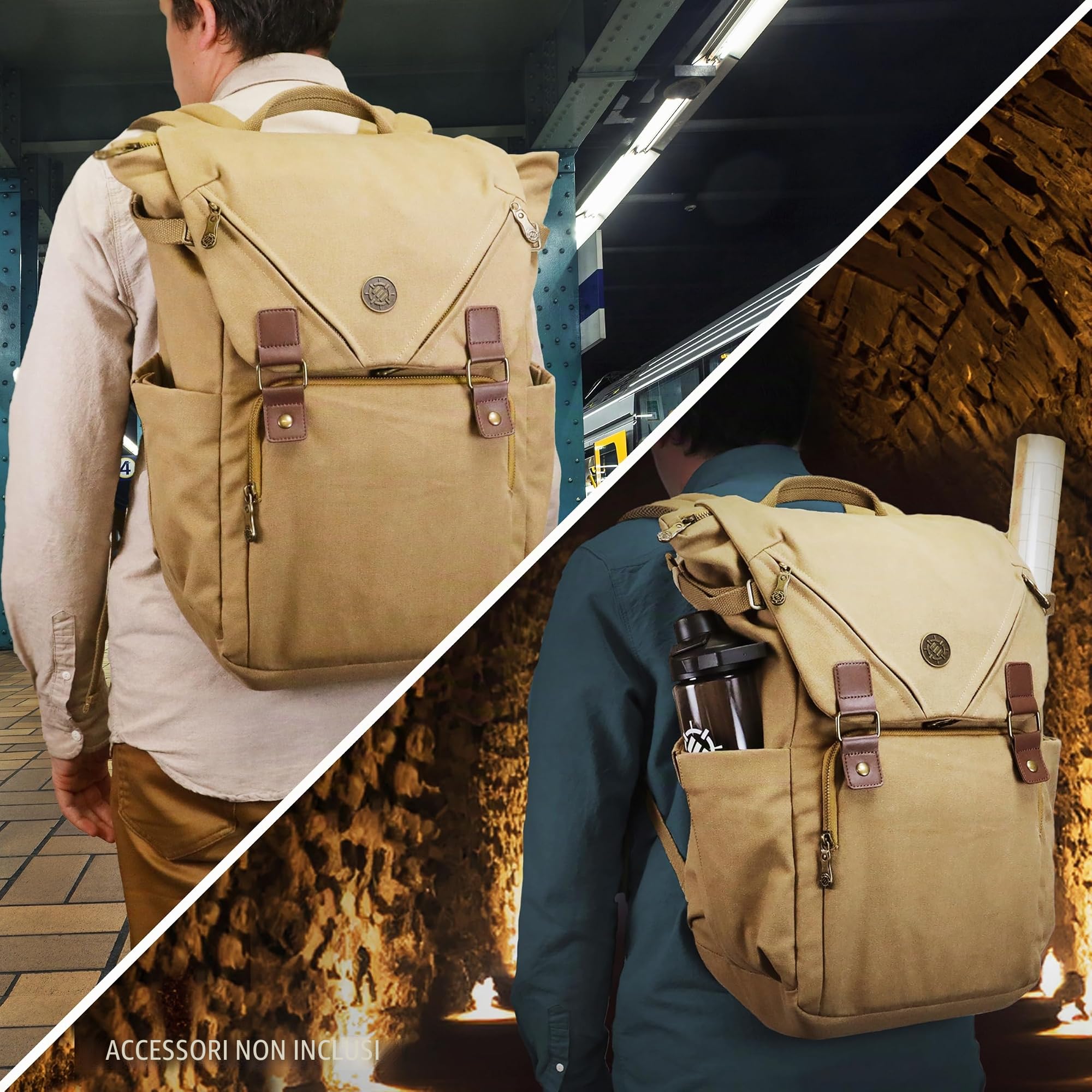 ENHANCE Zaino Venture Canvas DnD - Borsa DM RPG per Dungeons & Dragon con Vassoio per dadi Rimovibile - Borsa da Viaggio per 4-6 Libri, slot per Laptop 17", Schermo DM, Bagagli, Cinghia torace e Mappa