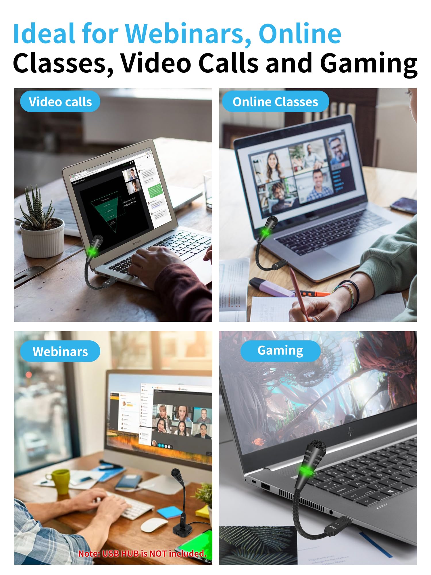 Mini microfono USB a collo di cigno per laptop, piccolo microfono cardioide a condensatore USB, pulsante mute con indicatore LED per PC e Mac, Plug & Play, lavoro a distanza online, riunioni di