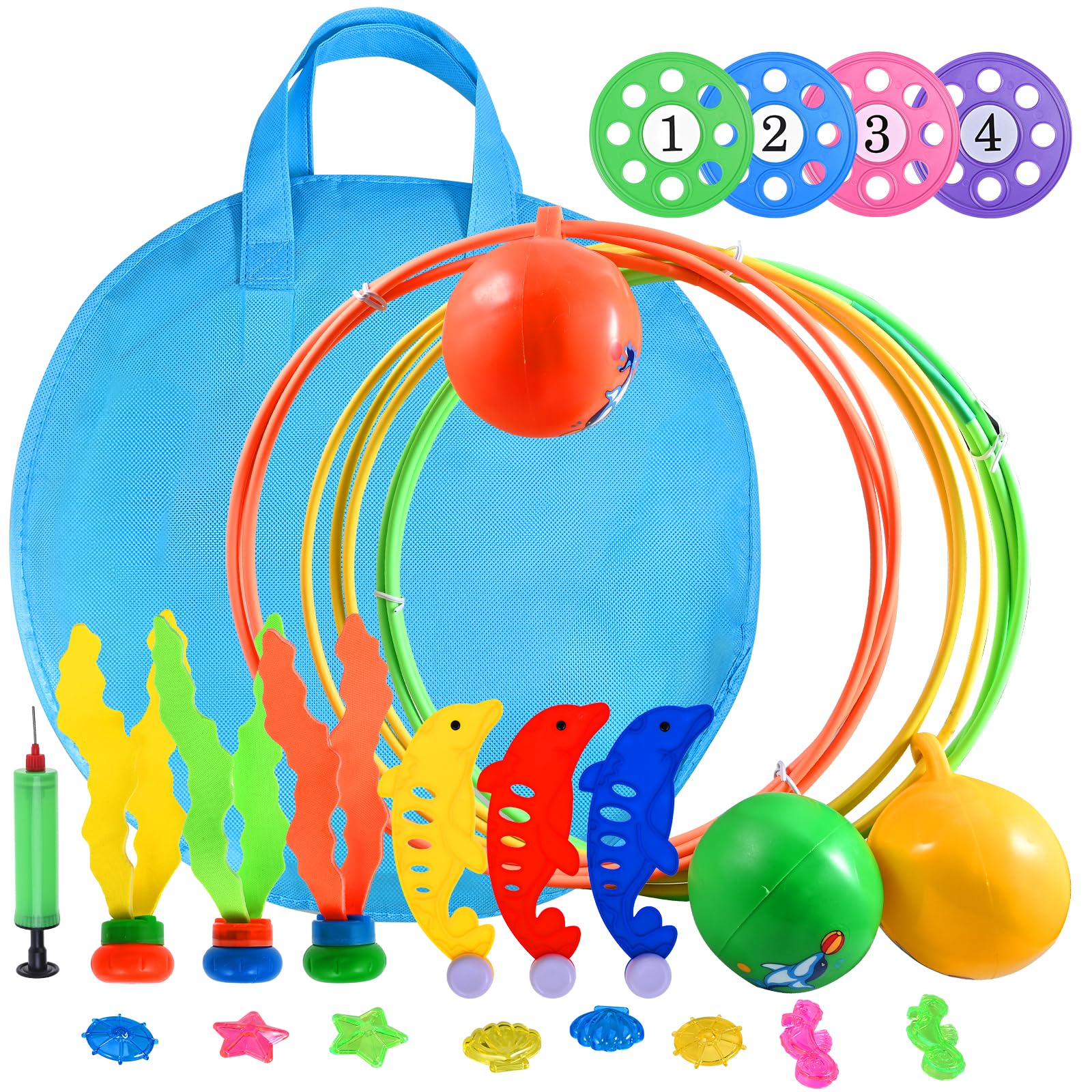 faburo 23pcs Jouets de Plongée, Jeux de Piscine pour Enfant, Jouets de Plongée pour Piscine d'été pour Enfant inclure Anneaux de Plongée, Soucoupe de Plongée, Diamant de Plongée, Dauphin, Algues etc