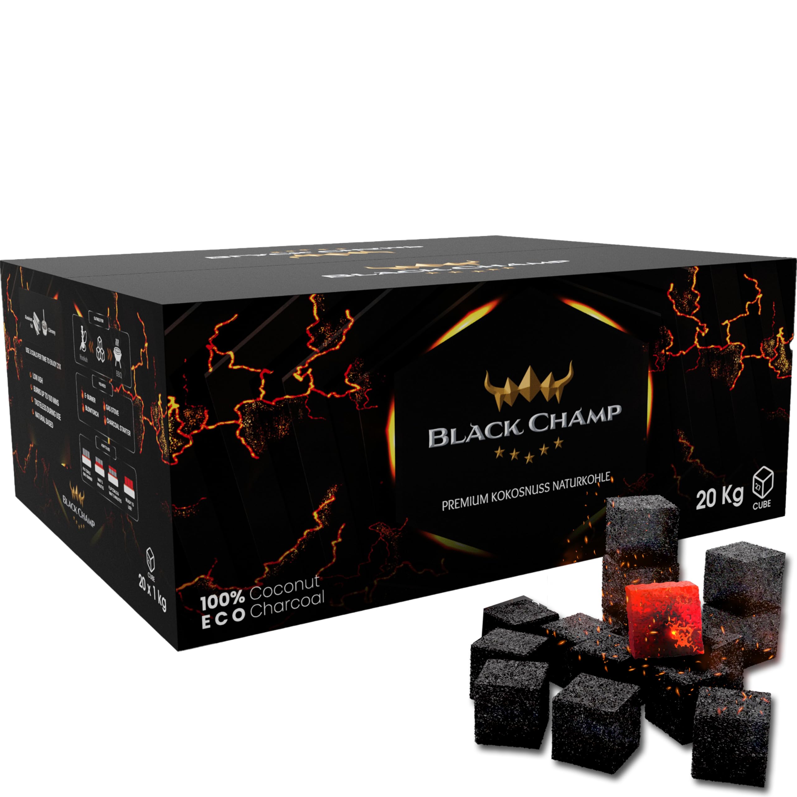 Shisha Kohle | 27 mm | 20 kg | Black Champ | Premium Naturkohle aus Kokosnussschalen| Für Shisha und Grill
