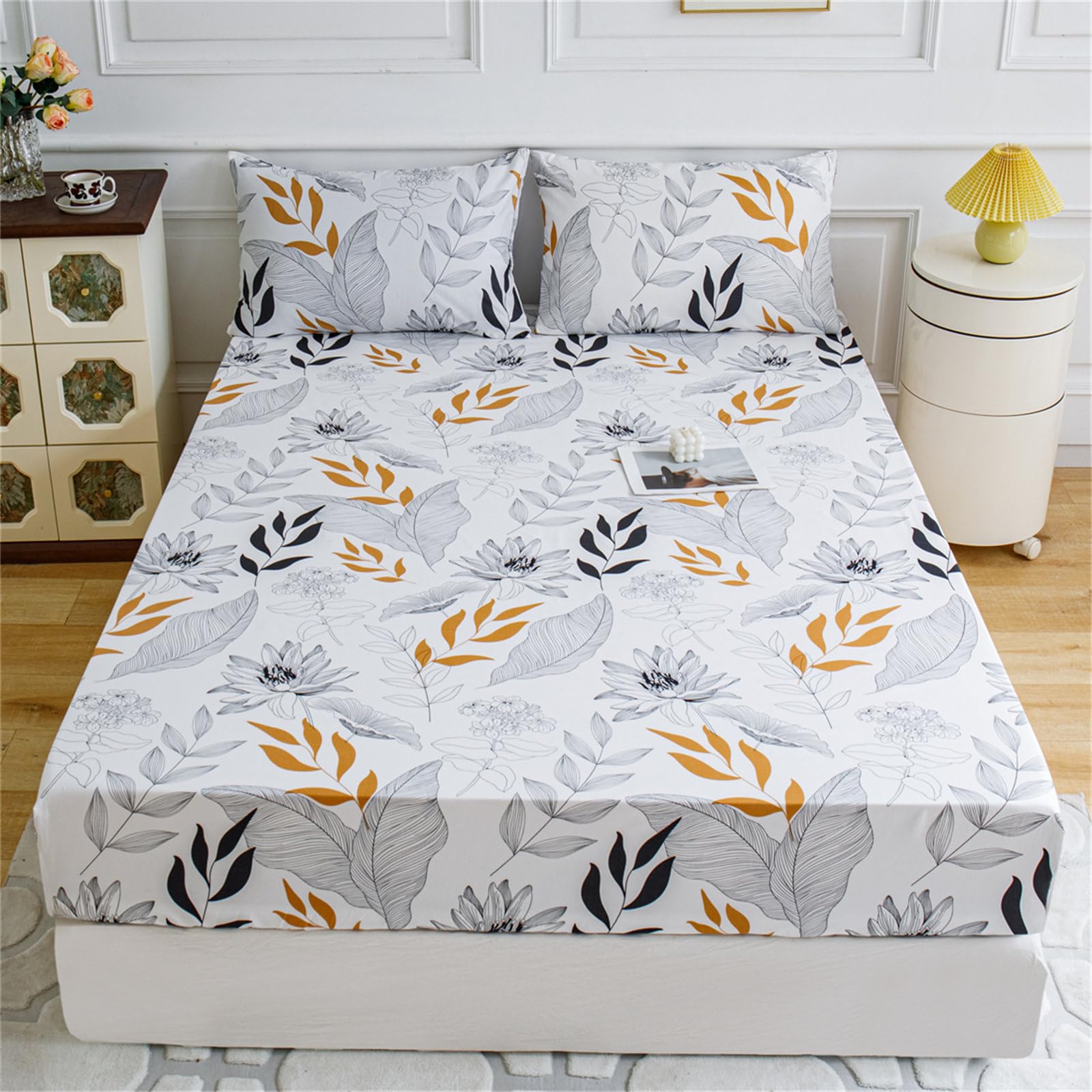 Surwin King Double Single Fitted Sheets, Soft Microfibre Fitted Bed Sheets, 25cm Deep Pocket Fitted Sheet, Boho Print Bedsheets (160x200+25cm,Garden)
