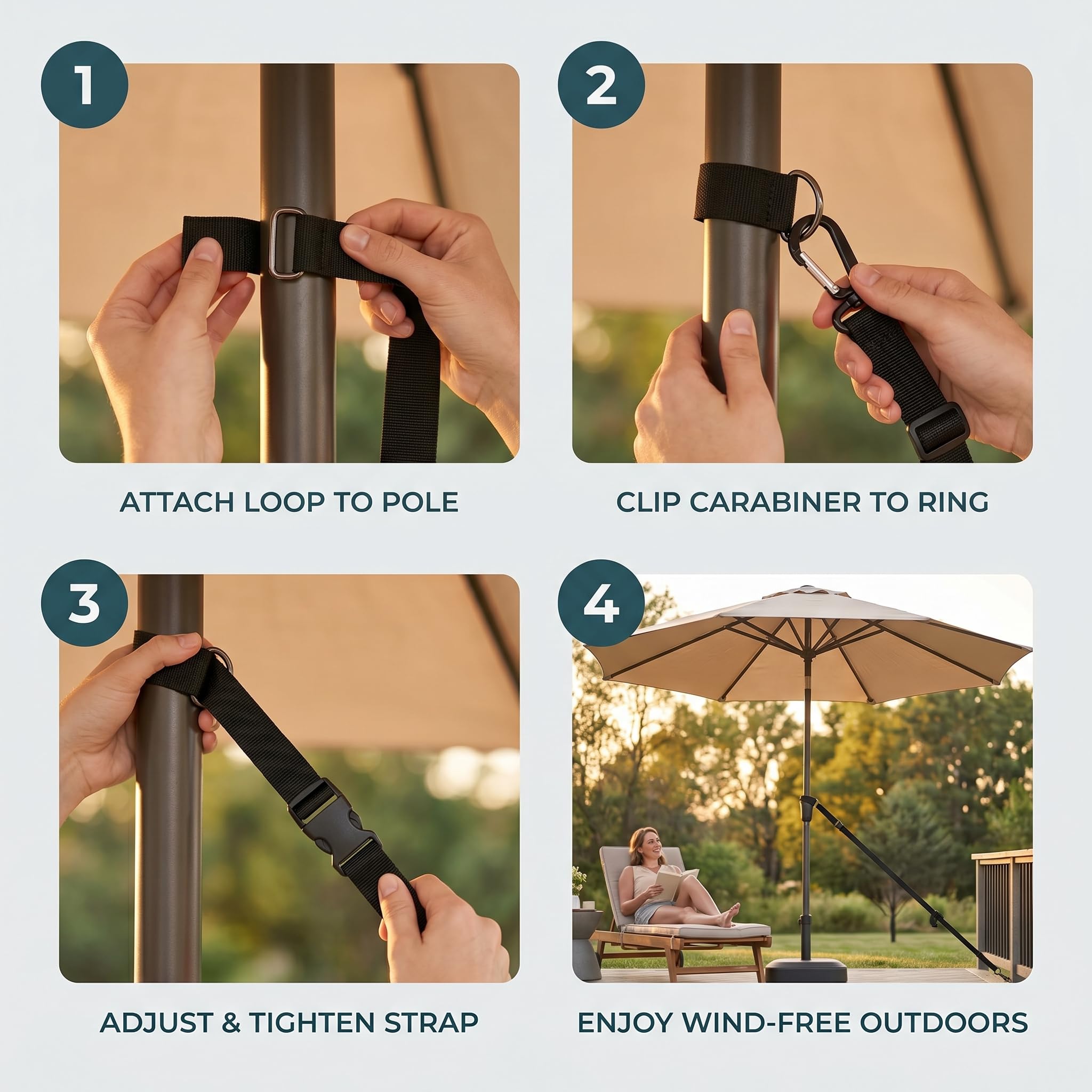 Kit di 5 cinghie antivento per ombrello, corda di fissaggio regolabile in poliestere con fibbia per esterni, patio, ombrellone, anti-oscillazione, per dispositivo stabilizzatore, nero