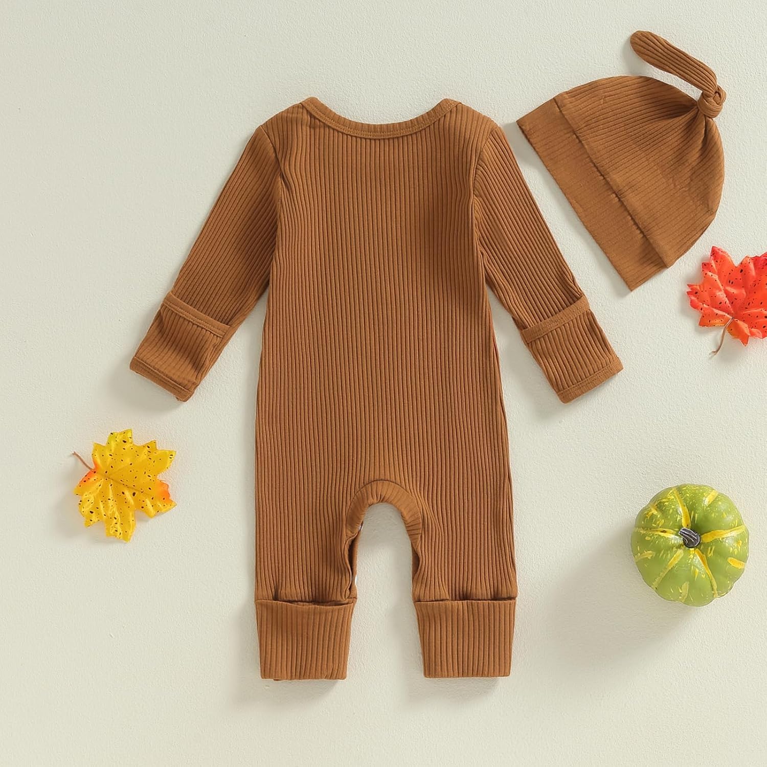 Sasaerucure Infant Baby Boy Halloween Clothes Knit Long Sleeve Onesie Newborn Boy Pumpkin Jumpsuit + Hat Set - Image 7