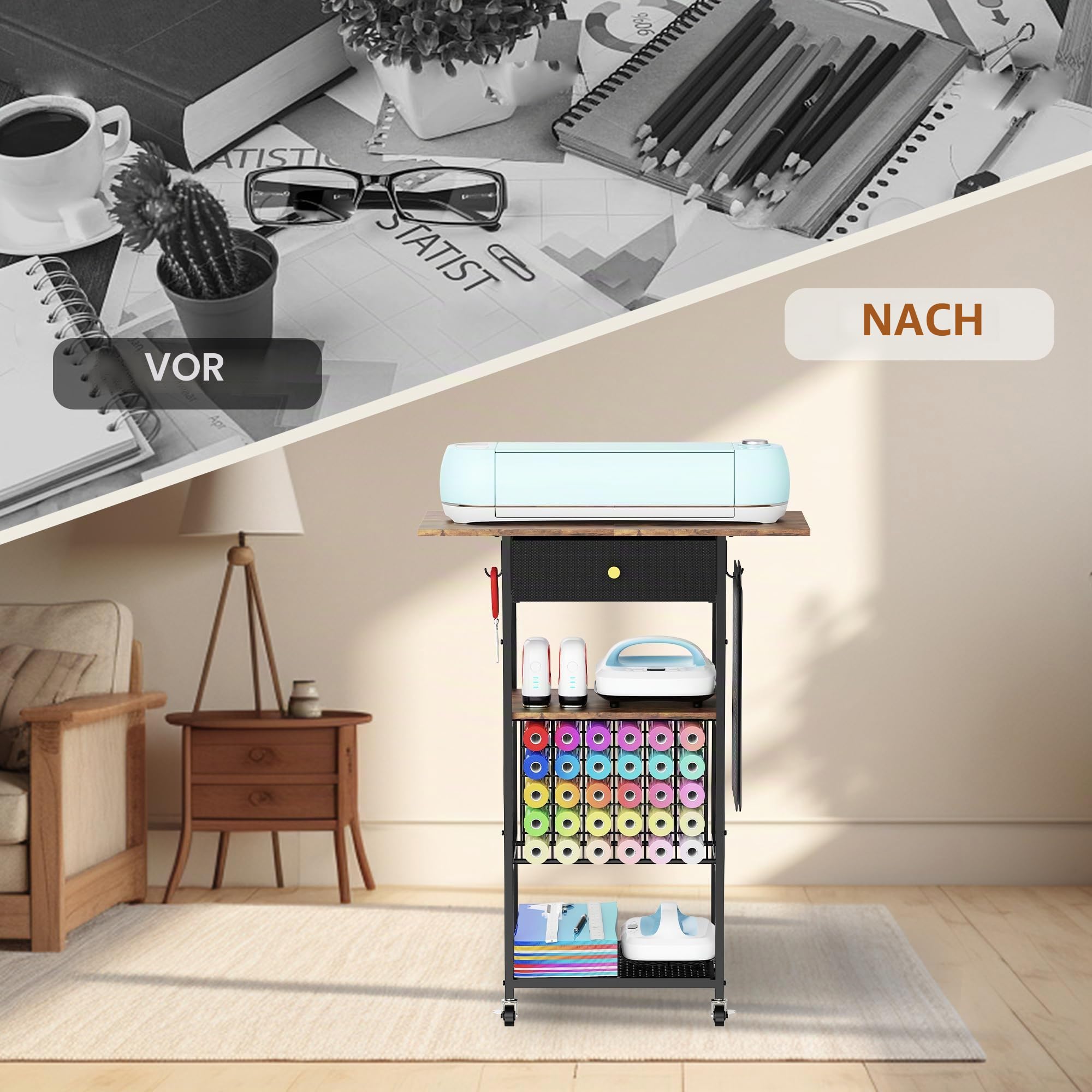 Yitexin Aufbewahrungswagen mit 30 Vinylrollenhaltern und Schublade, kompatibel mit Cricut