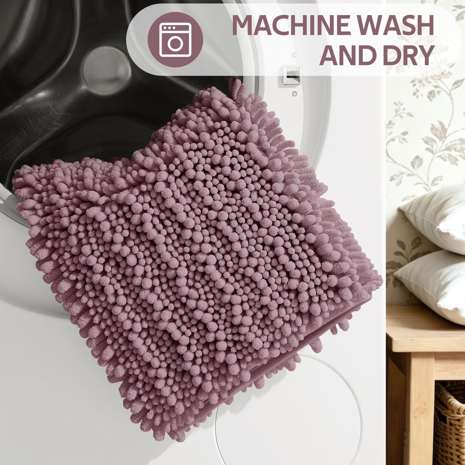 ACCUMTEK Set di 3 tappetini da bagno extra large, color malva, ultra morbidi, spessi, assorbenti, antiscivolo, in ciniglia, per bagno, camera da letto, cucina