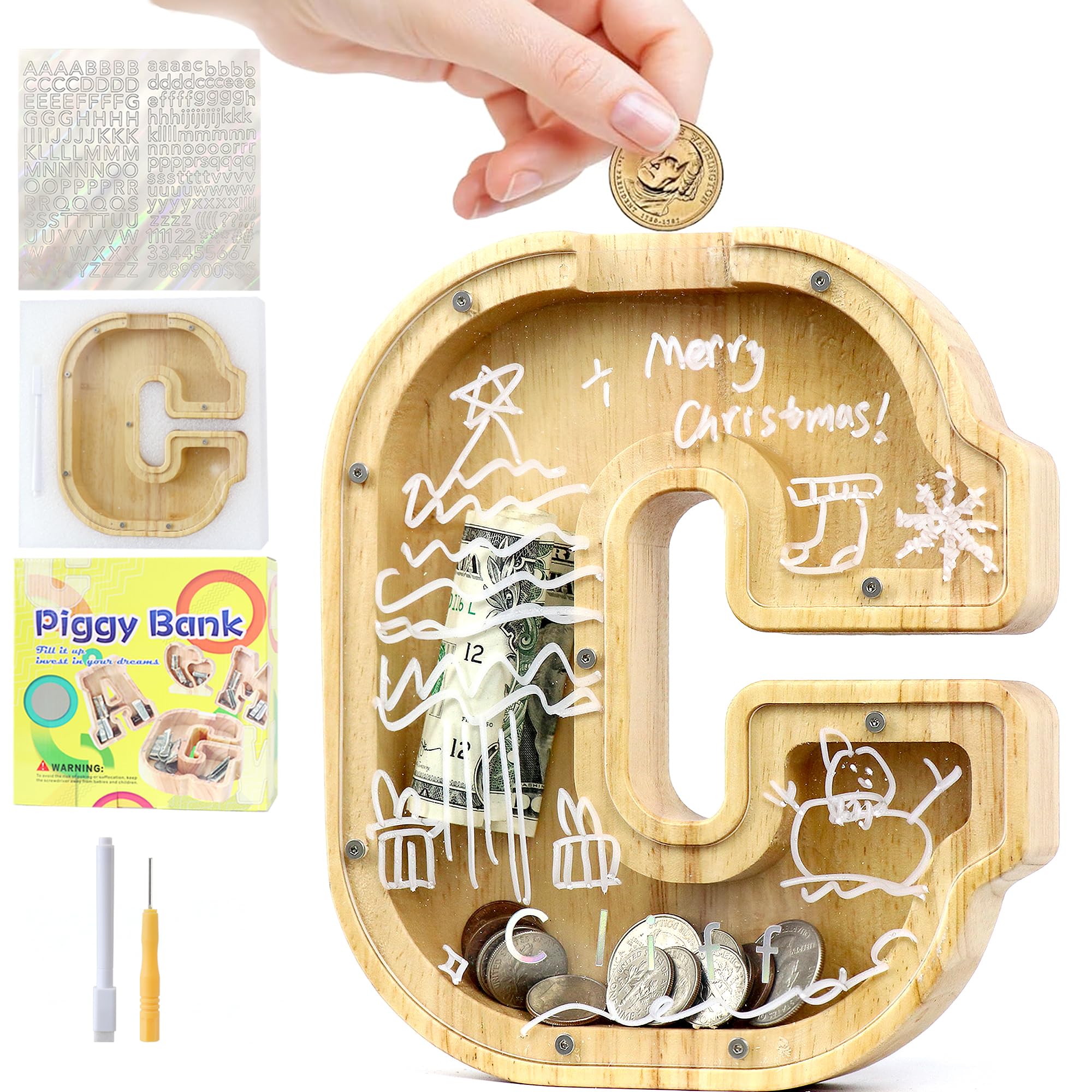 Mikytoper Money Box for Kids Wooden Letter Piggy Banks for Kids Personalized Money Box Clear Money Bank