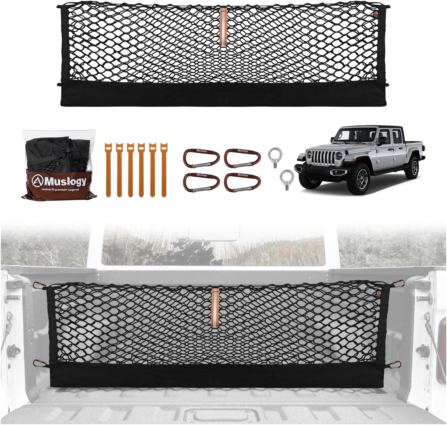 Muslogy Truck Bed Cargo Net Compatible with Jeep Gladiator 2020-2024 JT Accessories Bed Storage Net Cargo Organizer Pickup Truck Bed Envelope Style Cargo Net with Heavy Duty Carabiners 13