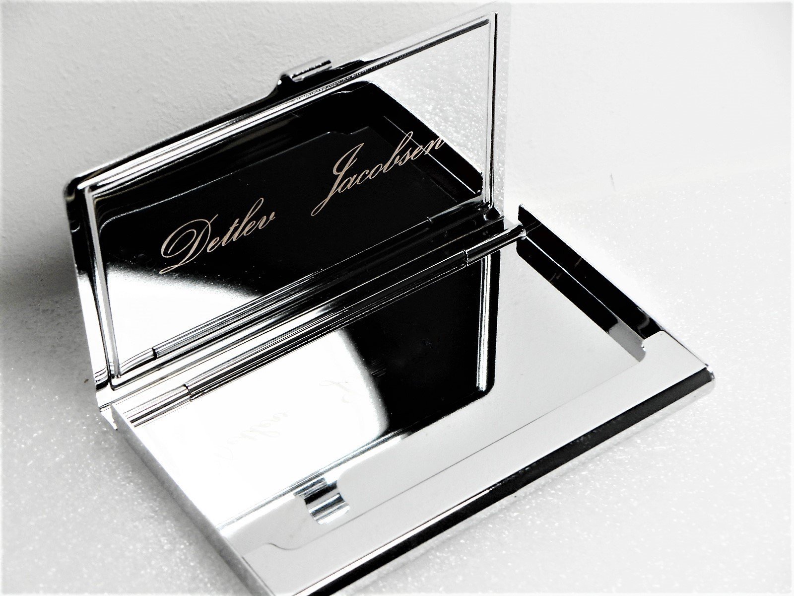 Porta Biglietti Da Visita Carta di alta qualità cromato argento cromato Leguan cuoio art rochen NERO METALLO ACCIAIO NUOVO + BRILLIBRUM FLYER, Visitenkartenetui mit Gravur bis 15 Zeichen
