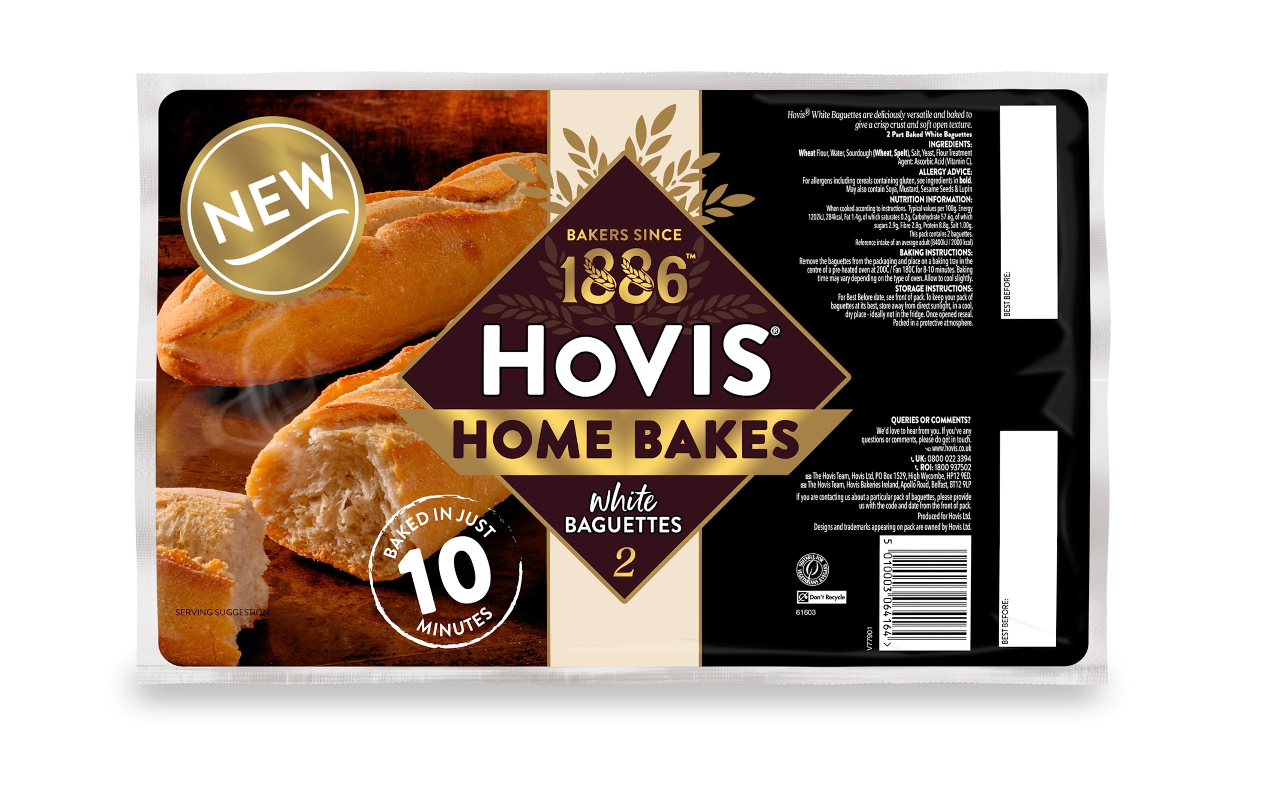Hovis Home Bakes 2 White Baguettes
