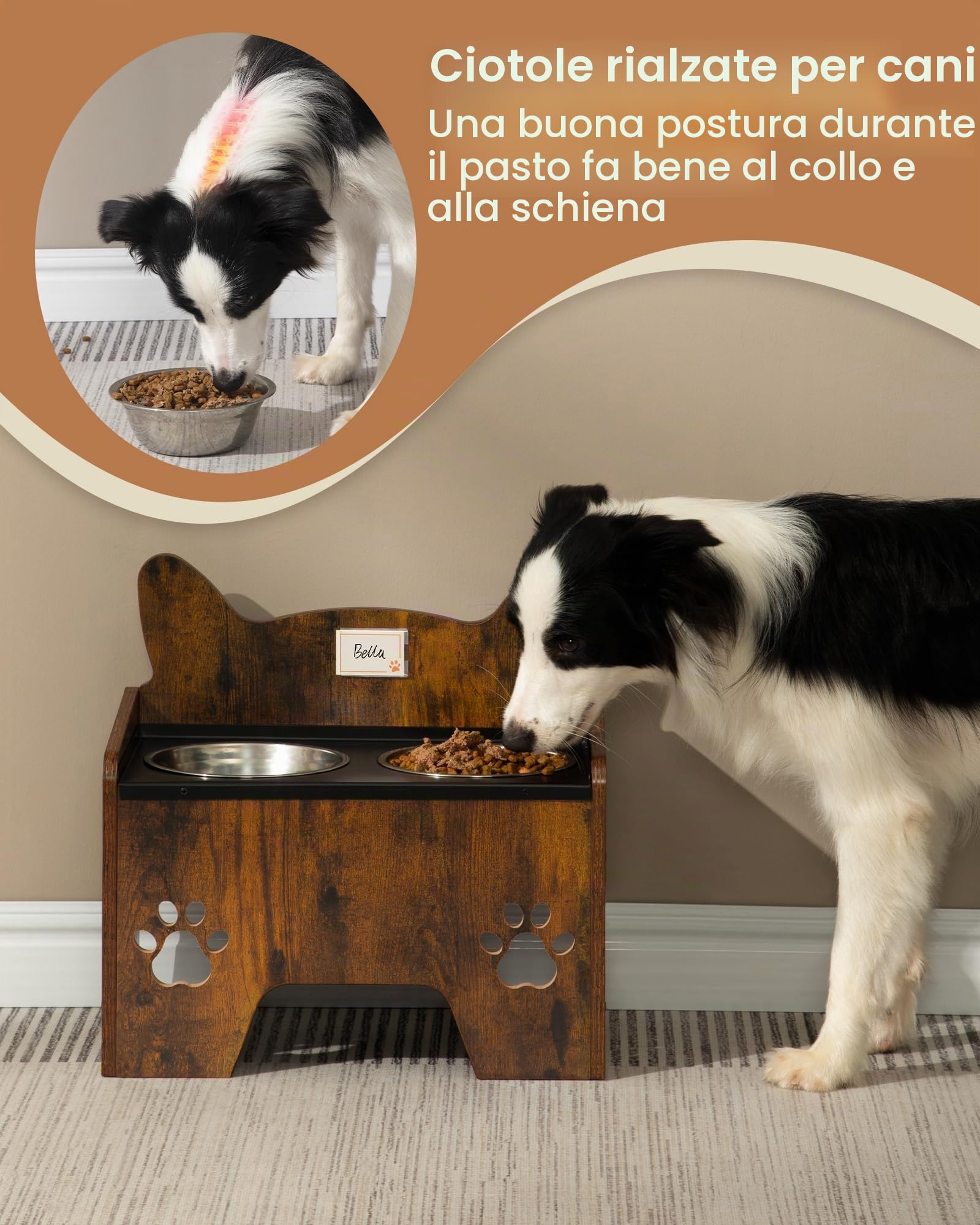 Hzuaneri Ciotole per cani rialzate, Marrone Vintage Ciotola Canis Rialzata | Supporto per Ciotolas per Cani con 2 Ciotole in Acciaio Inossidabile, Set di Ciotoles per Canis Antigoccia, PB07101B