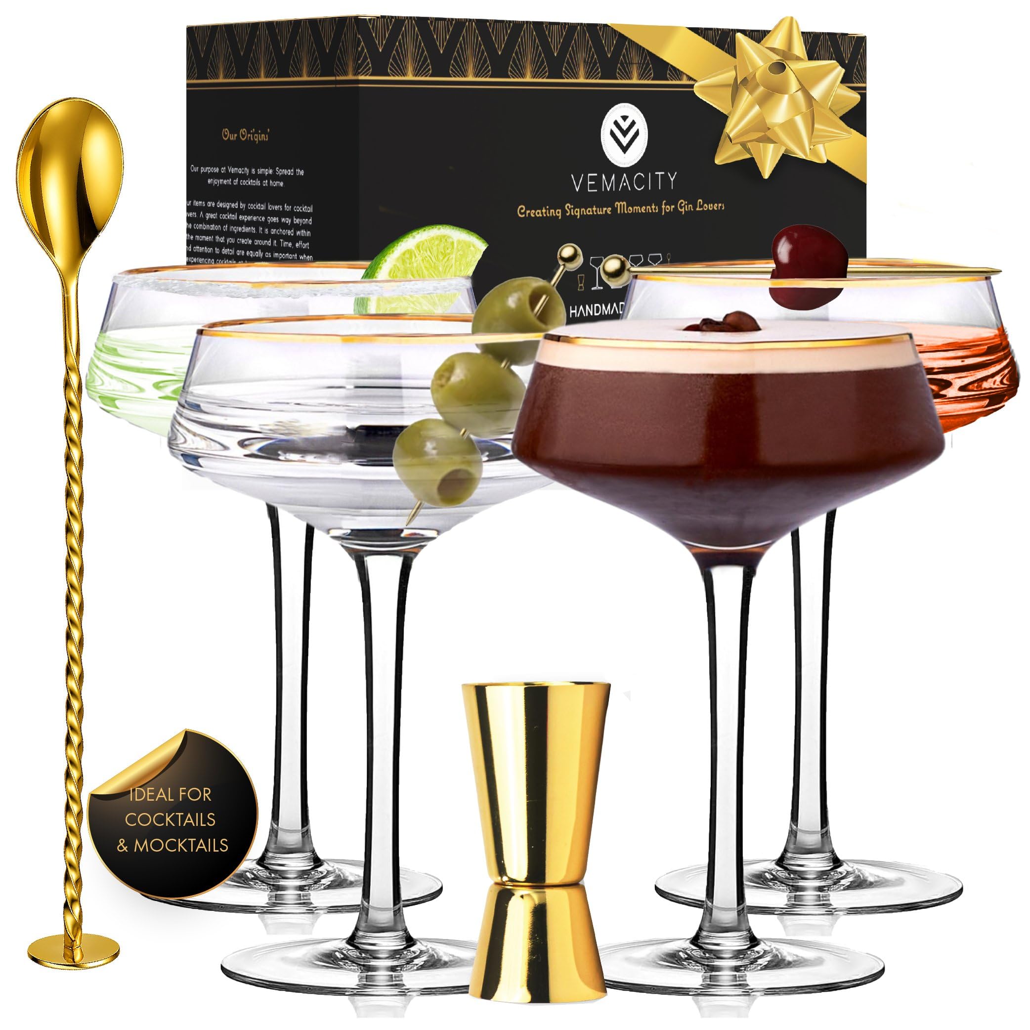 Set Di 4 Bicchieri Da Cocktail Nick & Nora VEMACITY – Vetro Art Déco A Coste Con Bordo Dorato, 144g, Per Negroni, Porto, Sherry, Coupé, Con Jigger E Cucchiaio