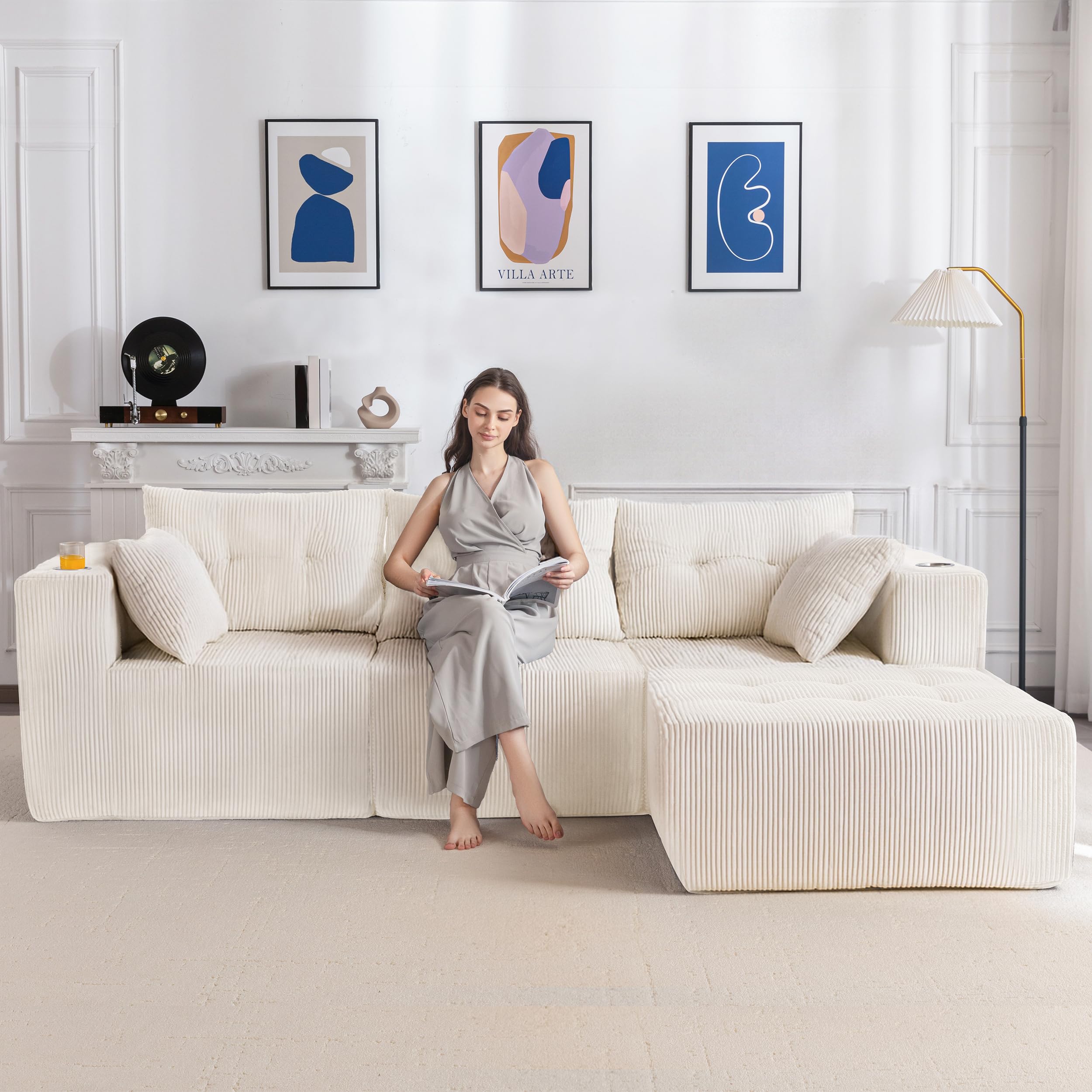 MAXYOYO Ecksofa Corduroy mit Becherhalter, Modulares Sofa umbaubar in L-Form und Doppel Schlafsofa, Boneless Couch 3 Sitzer für Wohnzimmer, Keine Montage Erforderlich