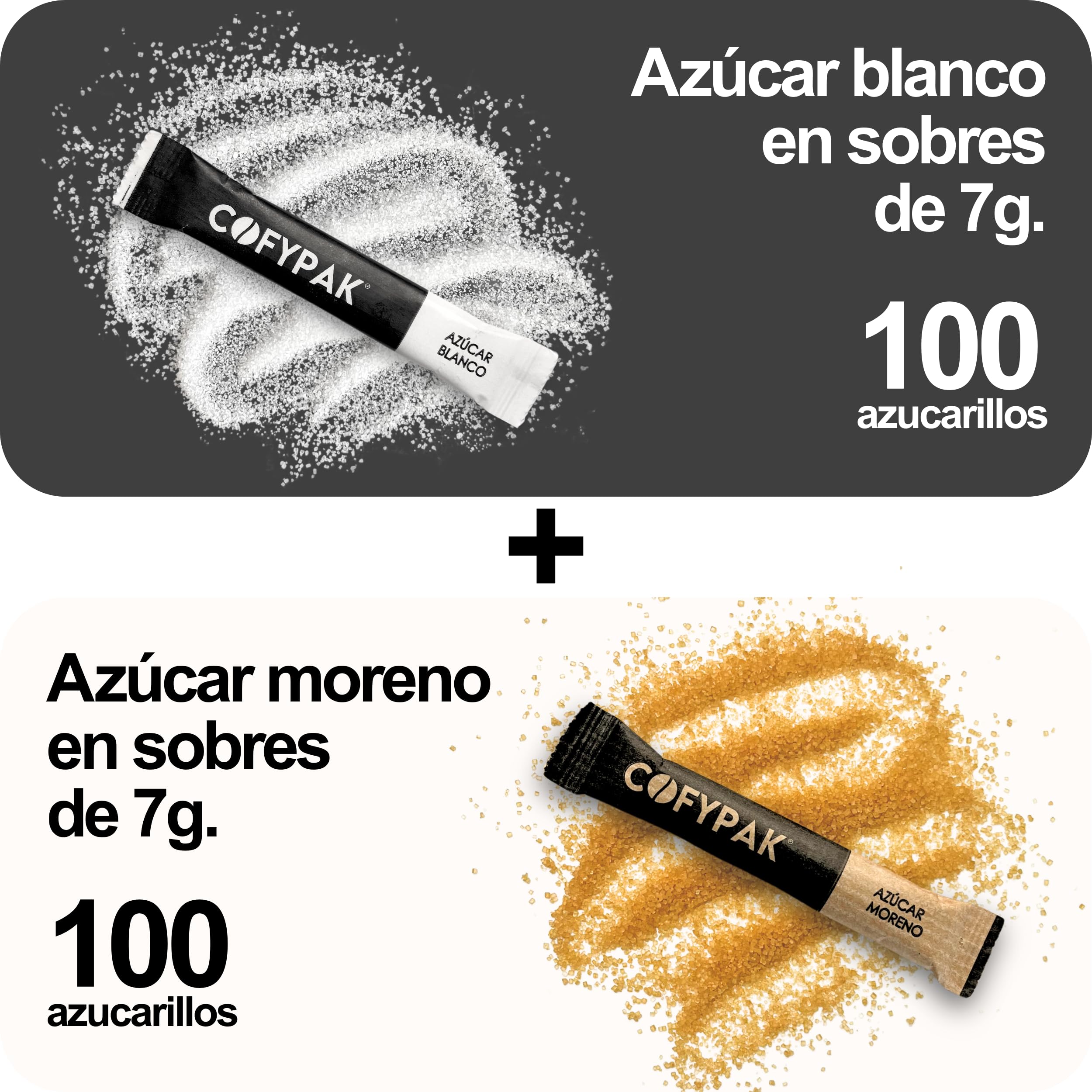 Pack 200 Azucarillos Individuales - 100 Sobres Azúcar Blanco y 100 Sobres Azúcar Moreno 7g