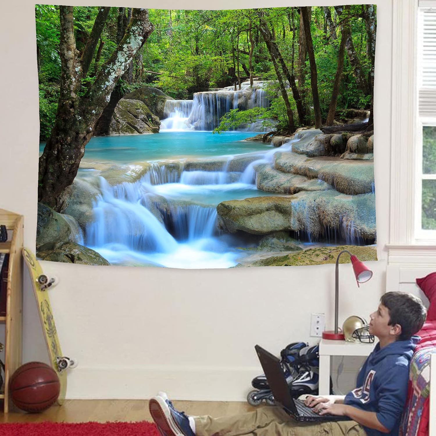WODEJIA Forest Waterfall Fabric Tapestry, Wall Art Tablecloth, Bedspread Picnic Blanket, Beach Throw Blanket,Multifunctional for Bedroom Dormitory Living Room Hanging, Multifunctional for Bedroom Dormitory Living Room Hanging 79 x 59 Inches