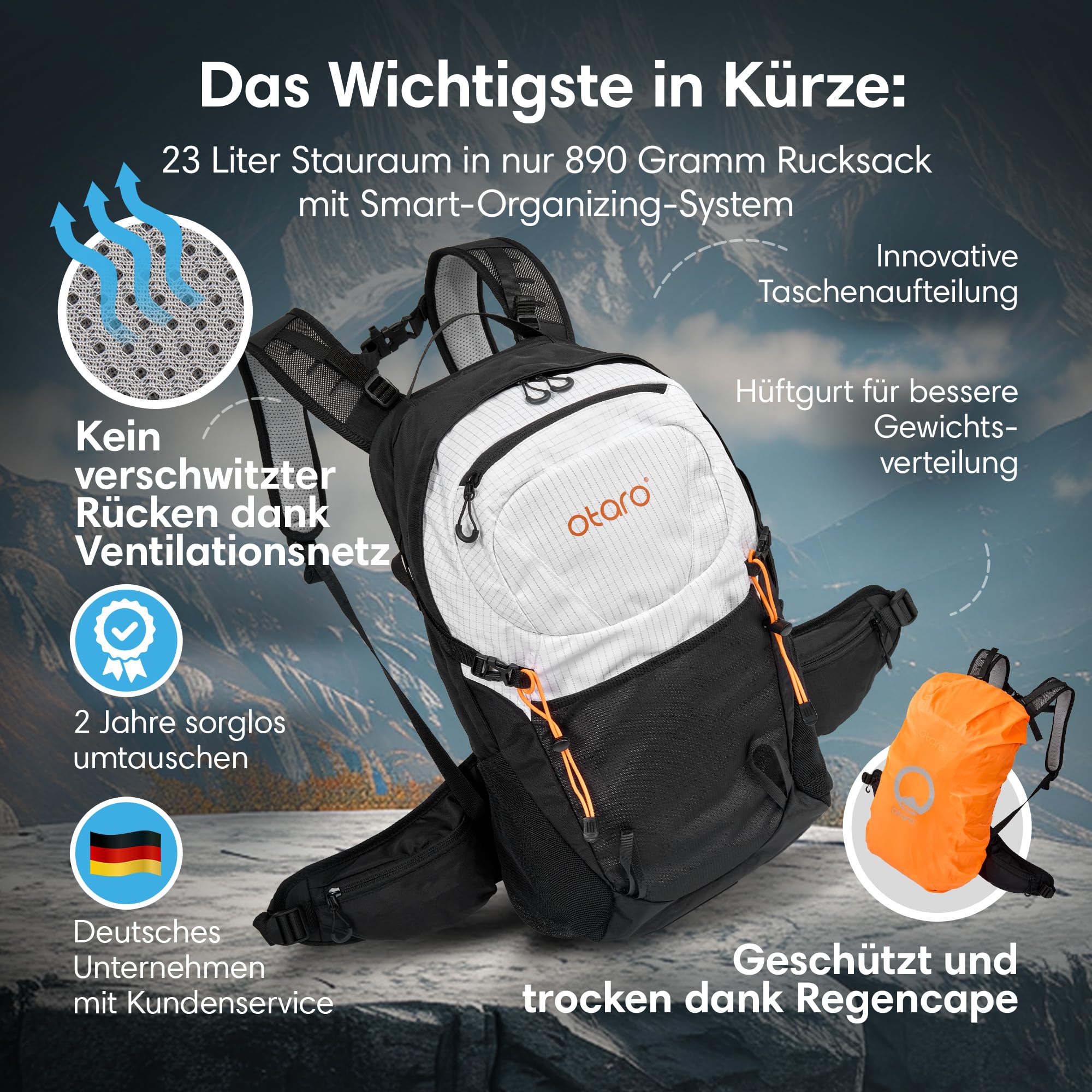 Otaro Wanderrucksack 20L (Weiß/Schwarz) Rucksack mit Rückenbelüftung & Regenschutz