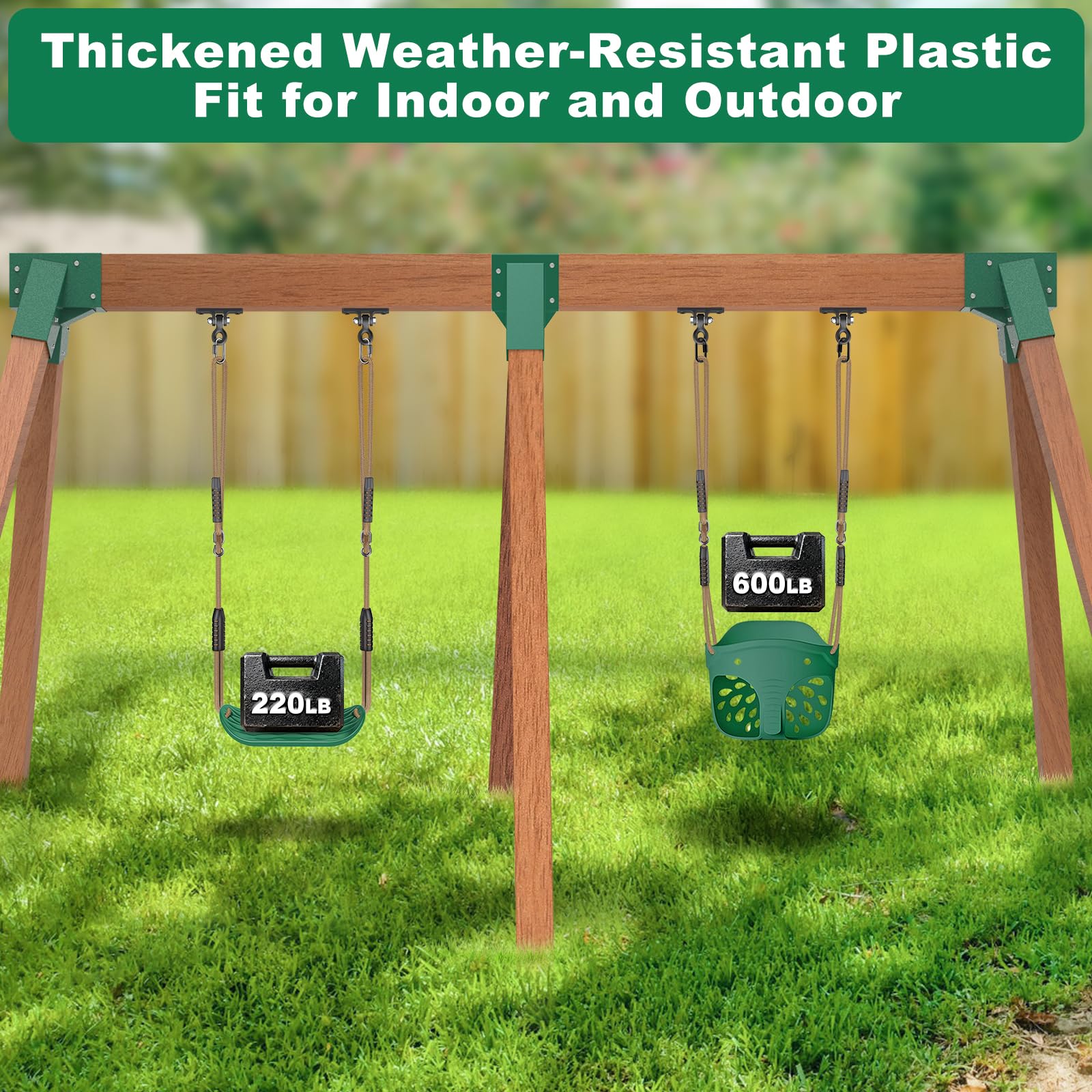 BeneLabel 2 asientos de columpio, cubo de plástico suave para niños, columpios para interiores y exteriores, árbol para niños, tabla de columpio dura con respaldo alto ajustable de 130 a 200 cm