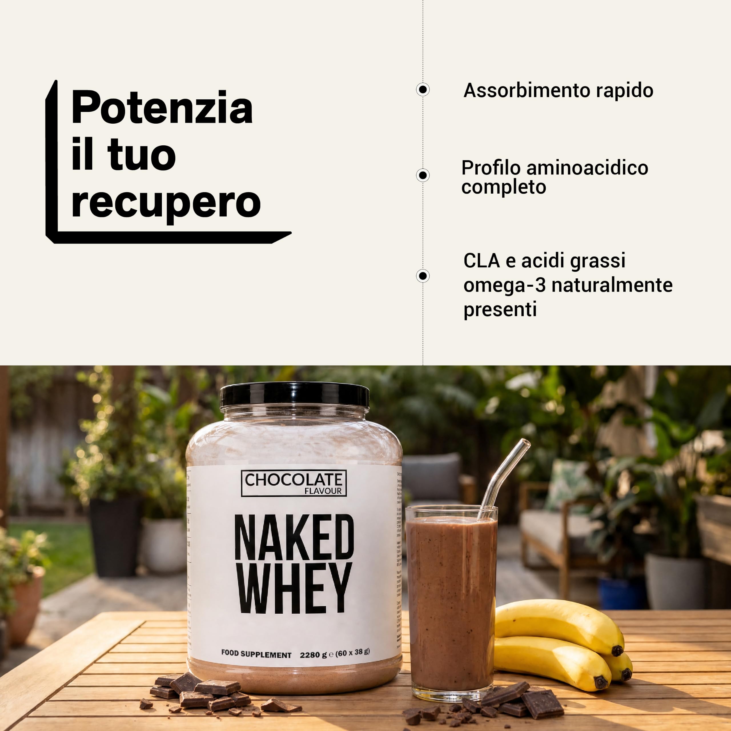 Naked Cioccolato Whey Protein, Proteine in Polvere, Solo 3 Ingredienti, Grass Fed, Senza Glutine, Senza Soia, Senza OGM, 25g di Proteine e 6g di BCAAs per Misurino, 60 Porzioni, 2280g