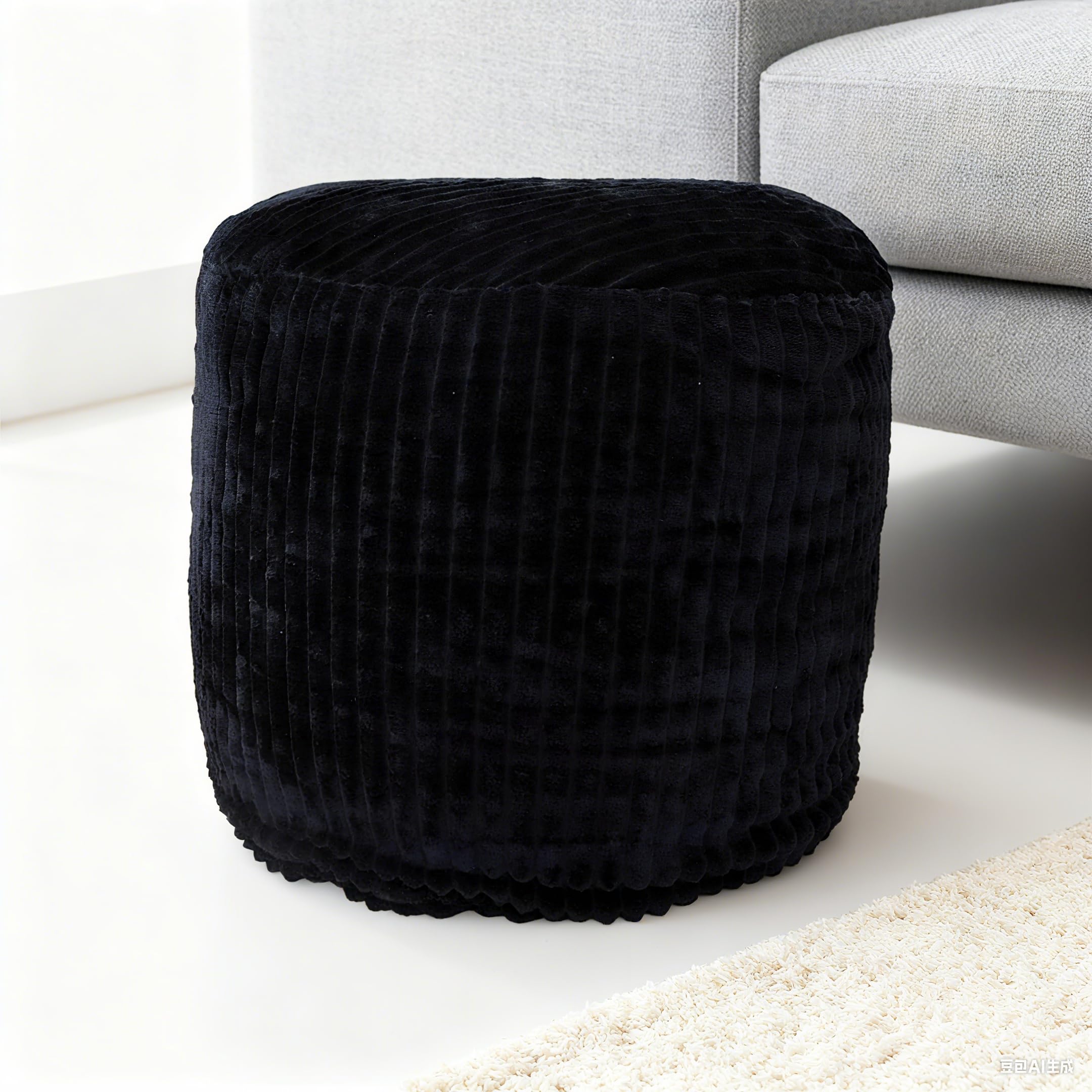 lygooh Unstuffed Footstool Bean Bag Cover No Filler Round Pouf Ottoman Cover Foot Stool Storage Chair Storage for Living Room Bedroom (Black)