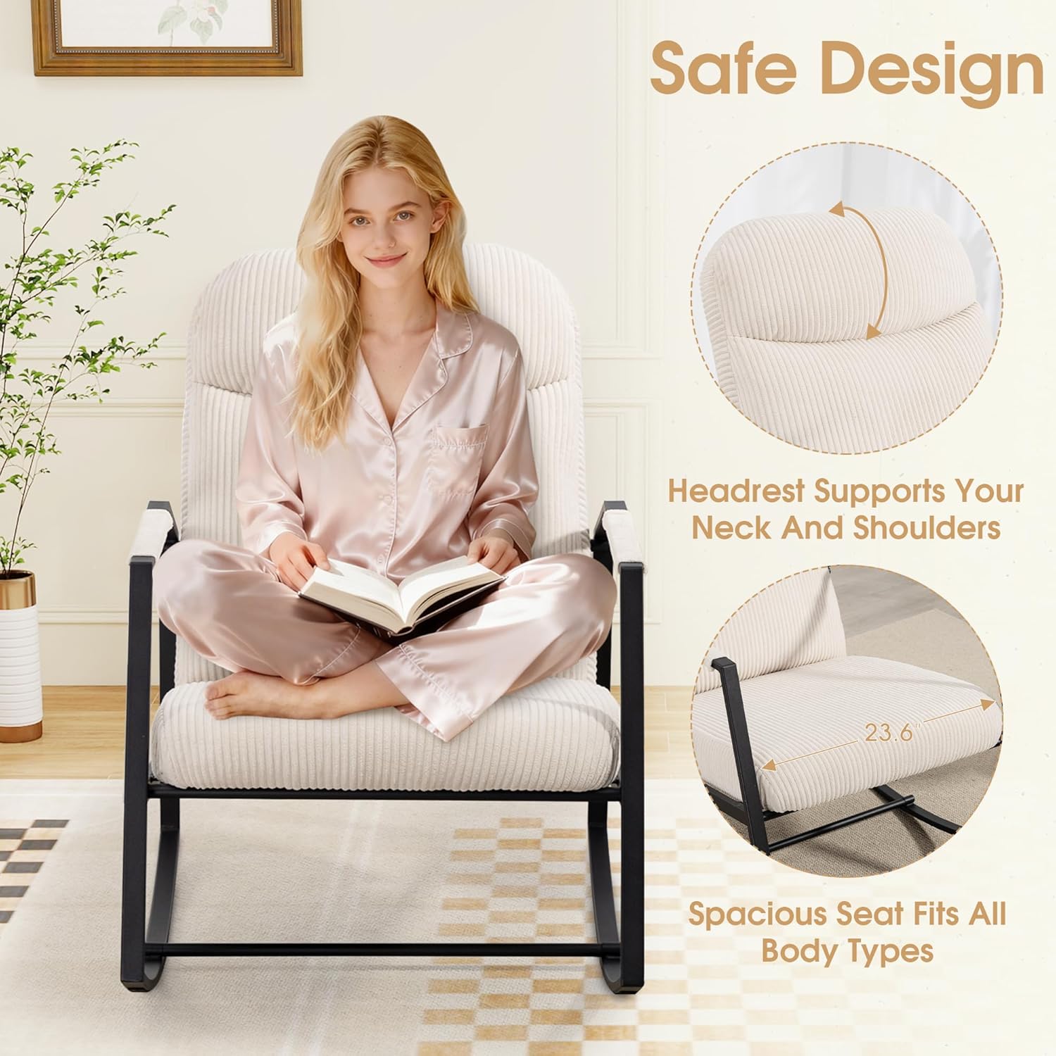 HOMEFUN Nursery Rocking Chair,Patio Rocking Chair,Upholstered Glider Rocker with Padded Seat and High Backrest Safe and Comfy Armchair for Living Room Office,Front Porch, Garden, Patio, Backyard Cream