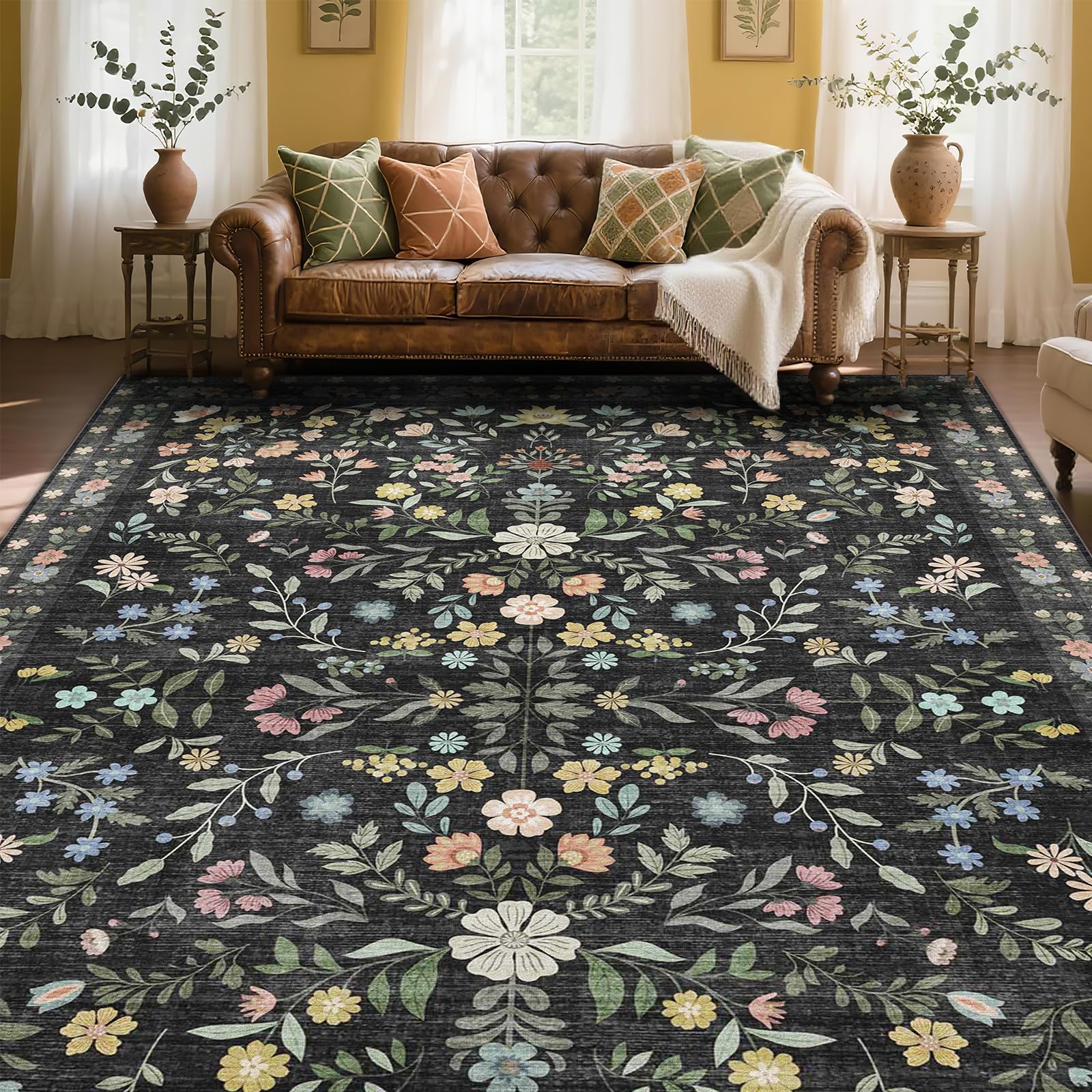 XSIVOD Floral Large Washable Rugs Living room, 180x270cm, Black/Harmony