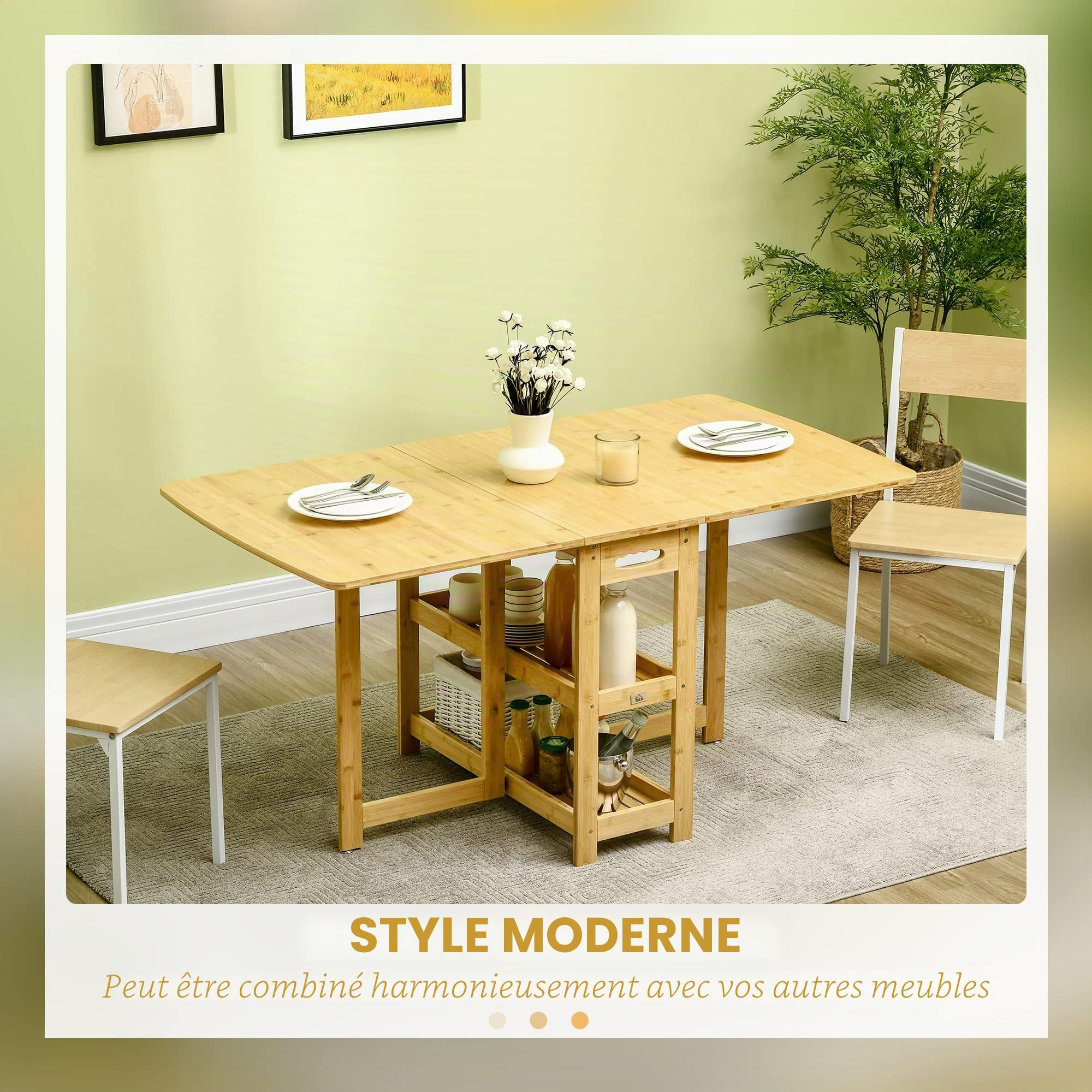 HOMCOM Table Pliante Salle à Manger 6 pers., 149.5x80x73.5cm, Naturel | Avec étagères, table pliante, table de cuisine, table de salle à manger, pour petits espaces, cuisine, salle à manger