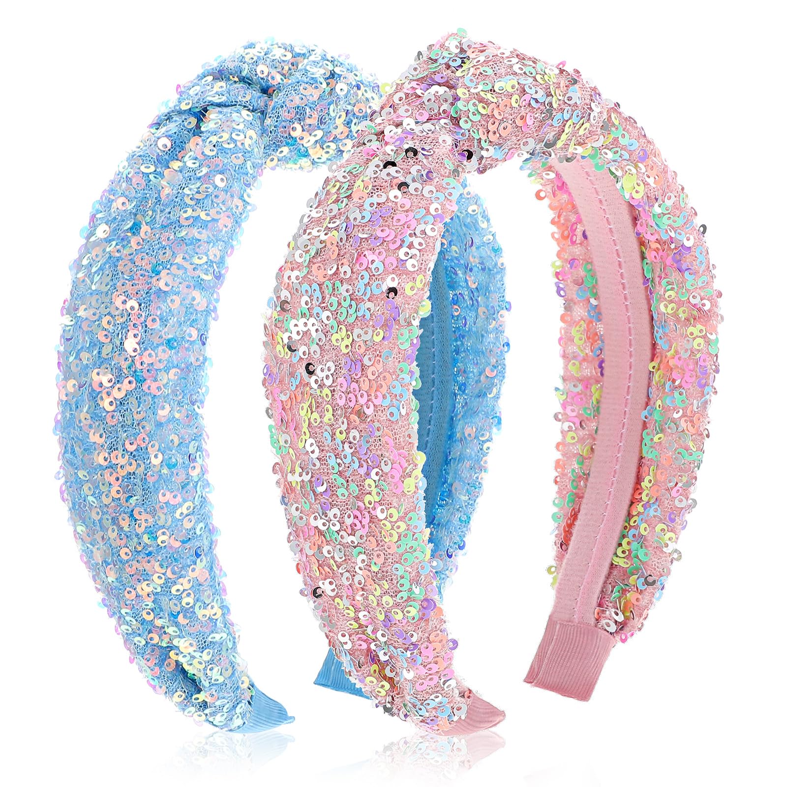 2Pcs Glitter Headbands for Girls Cute Sparkly Wide Thick Head Bands Bling Non Slip Hairband Rainbow Sequin Fashion Knotted Headbands for Women Colourful Iridescent Headware for Christmas Costume Decor