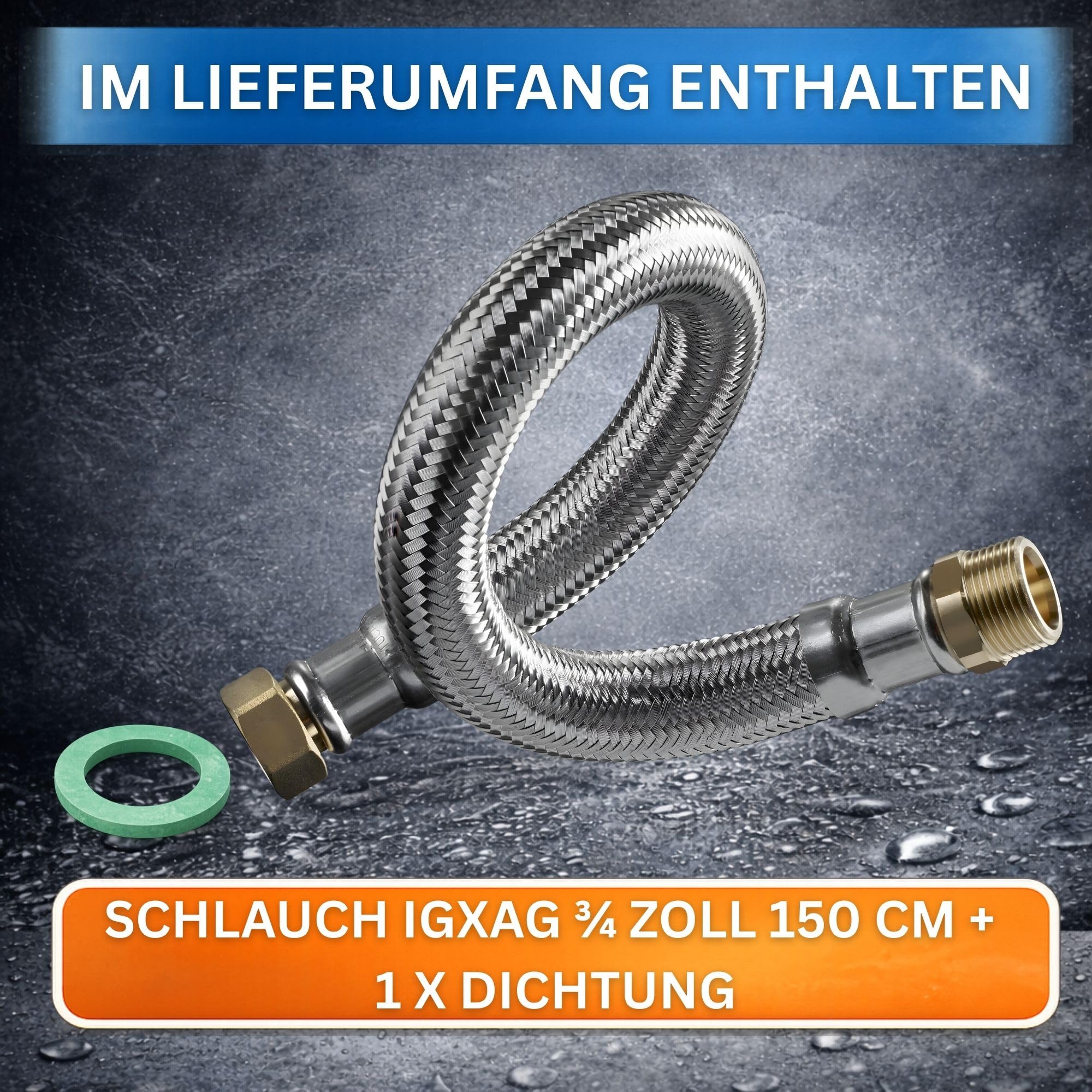 DVGW gep. Panzerschlauch 3/4 Zoll DN20 DN19 Edelstahl Flexschlauch Wasseranschluss Heizung Enthärtungsanlage mit Edelstahlumflechtung | 150 cm Überwurfmutter x Außengewinde