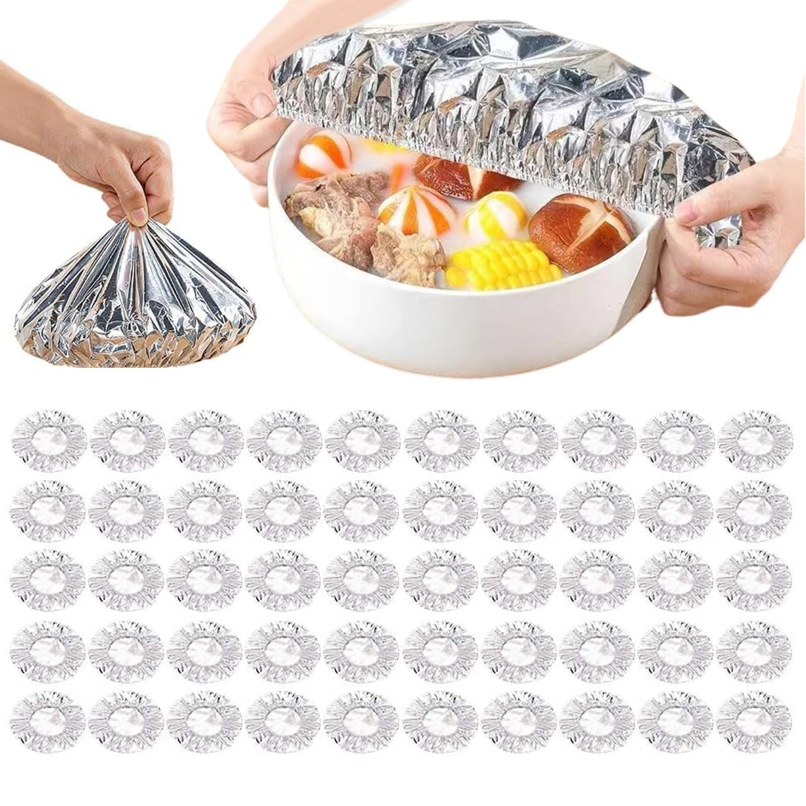 100Pcs Stretchy Aluminum Foil Food Covers for Food, Reusable Aluminum Foil Food Covers Universal Kitchen Heat Shield Lids for Bowls Plates Storage Containers, Adjustable Food Storage (50PCS)
