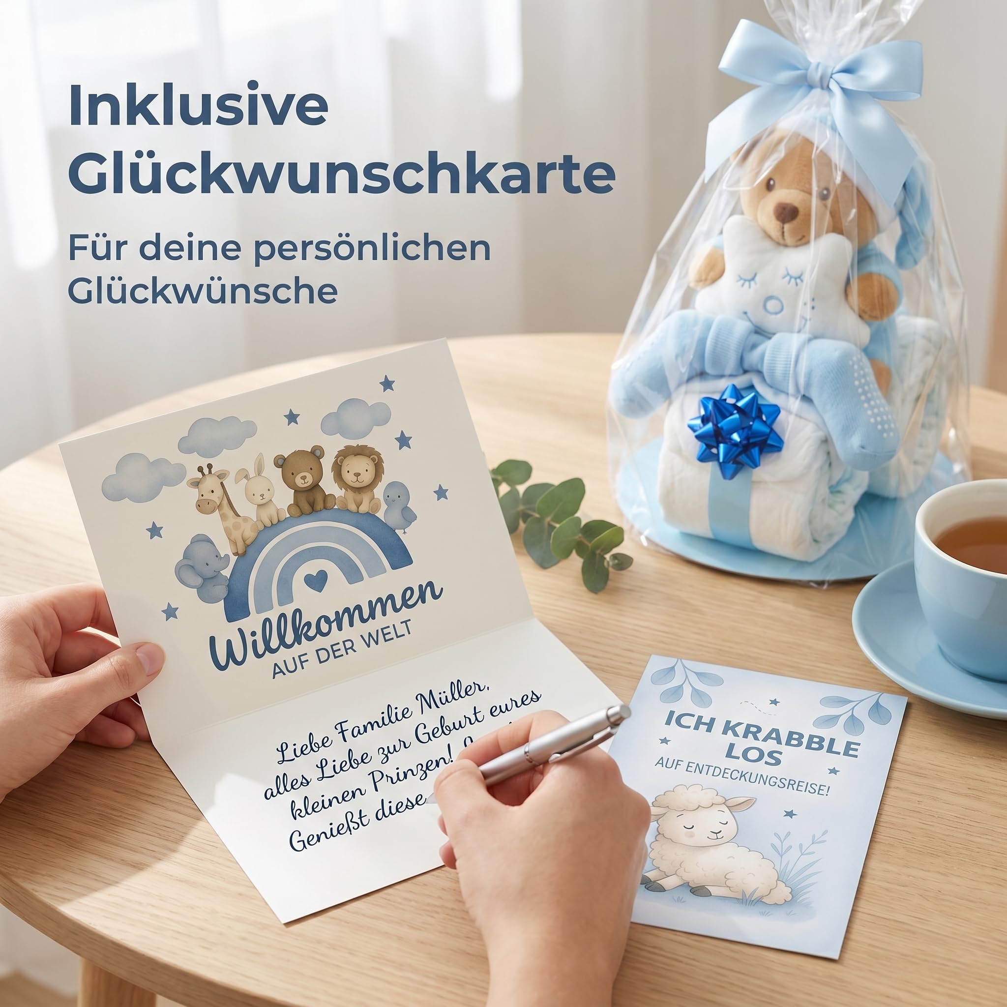 Windeltorte Junge in Blau – Motorrad mit Kuscheltier, Geschenk zur Geburt & Taufe – Handgefertigte Baby Windeltorte mit Windeln, Mullwindel & Glückwunschkarte