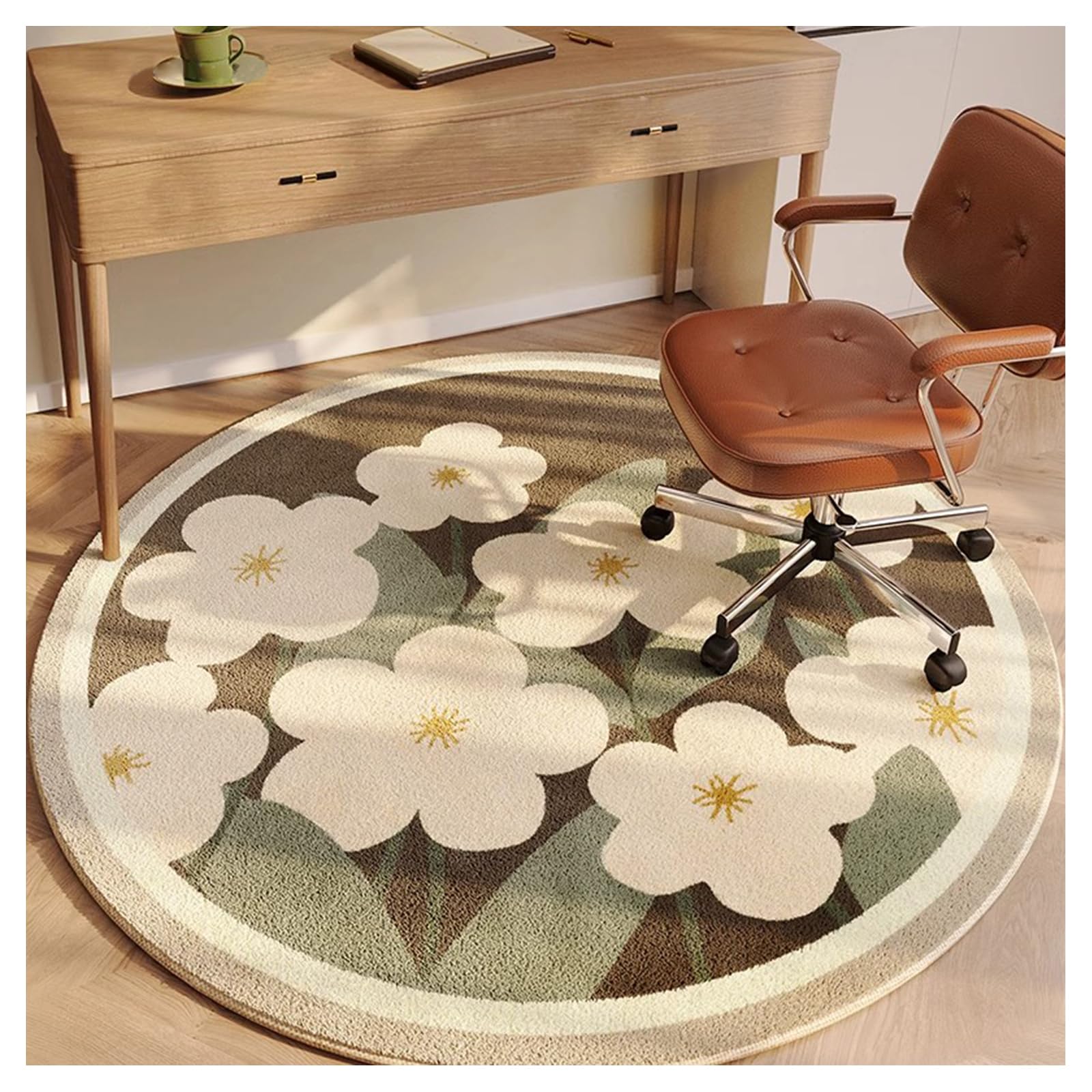 Ergocar Bomisian Style Round Carpet Retro Carpet Ultra-Thin Soft Non-Slip Washable Suitable For Bedroom, Entrance, Dining Room, Family Dormitory
