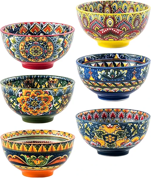 Henten Home 6.5 oz Small Dessert Bowls, Porcelain Boho Snack Bowl Set of 6 - Ceramic Colorful Bowls for Salsa, Dipping, Sauce, Decorative, Microwave & Dishwasher Safe