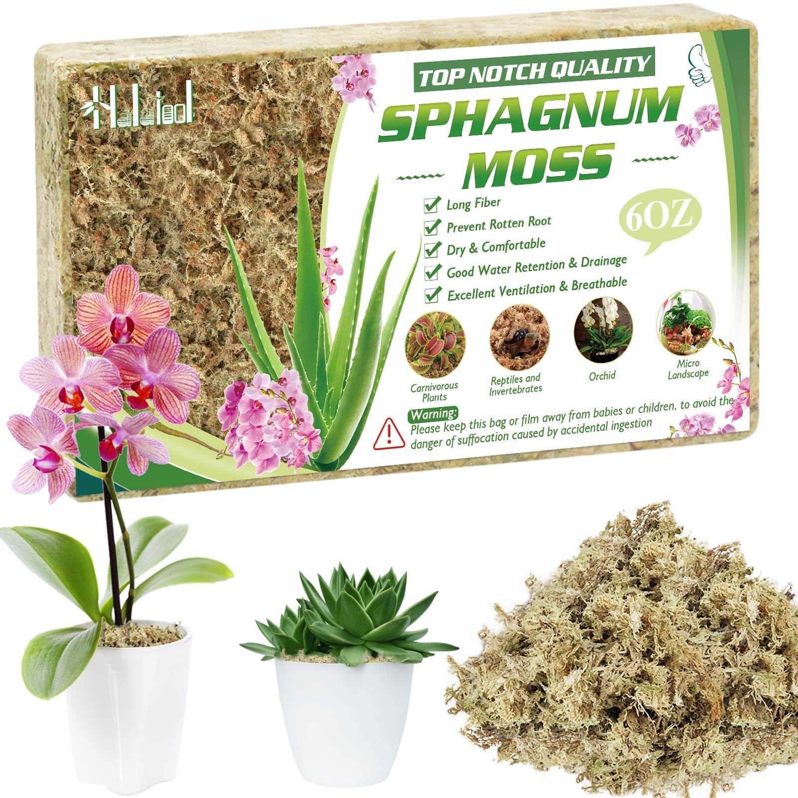 Halatool 6OZ Natural Sphagnum Moss for Plants 8 QT Premium Peat Moss Dried Long Fiber Orchid Moss for Orchid Repotting Carnivorous Succulents Garden Flowers Crafts Terrarium and Reptiles