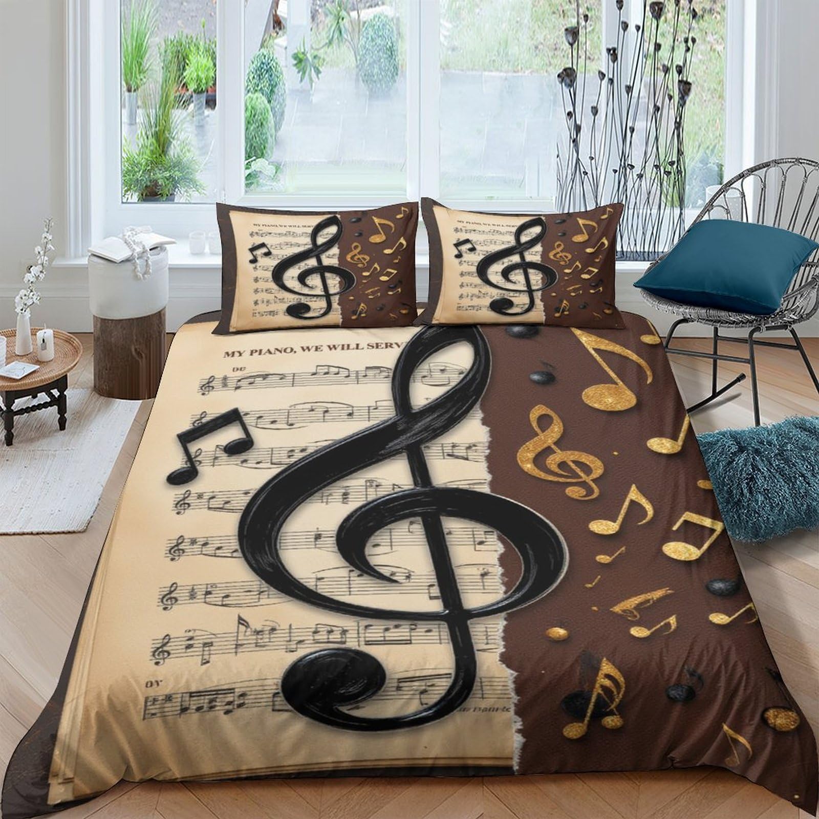 Ctjqhvkz Style-4 3D Printed Musical Notes Fitted Sheet Microfiber Soft Brown Beige Treble Clef Bed Cover For Bedroom Guest Room Decor Single（135X200cm）