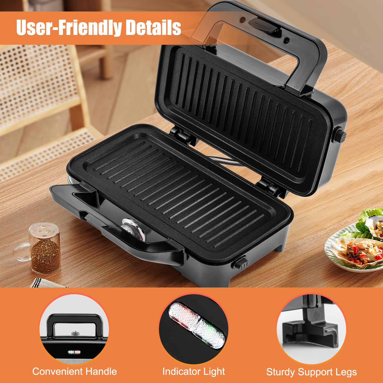 SOARS Sandwichera 3 en 1, 1200 W, máquina eléctrica Panini | 5 temperaturas ajustables, doble cara, parrilla extraíble y lavable, antisobrecalentamiento, color negro