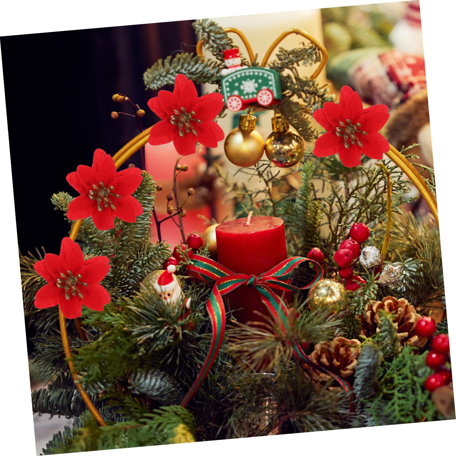 Zerodeko Flores Artificiales Rojas Hechas de Plástico y Tela con Lentejuelas para 10 Piezas Ideales para Arreglos y Manualidades para Decoración Navideña