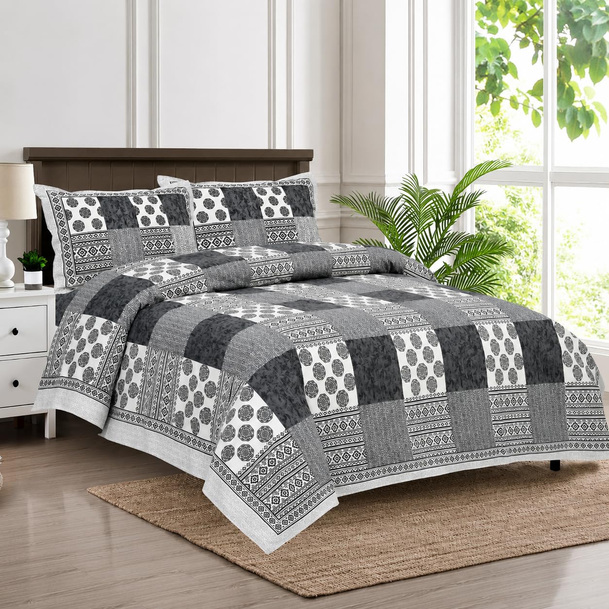 Enorma King Size Cotton Bedsheet with 2 Pillow Covers – Soft, Breathable & Durable | Elegant Printed Bed Sheet Set for Bed – All-Season Use,TC-300 (100 * 108 INCH) (Gray Multi)-image-39