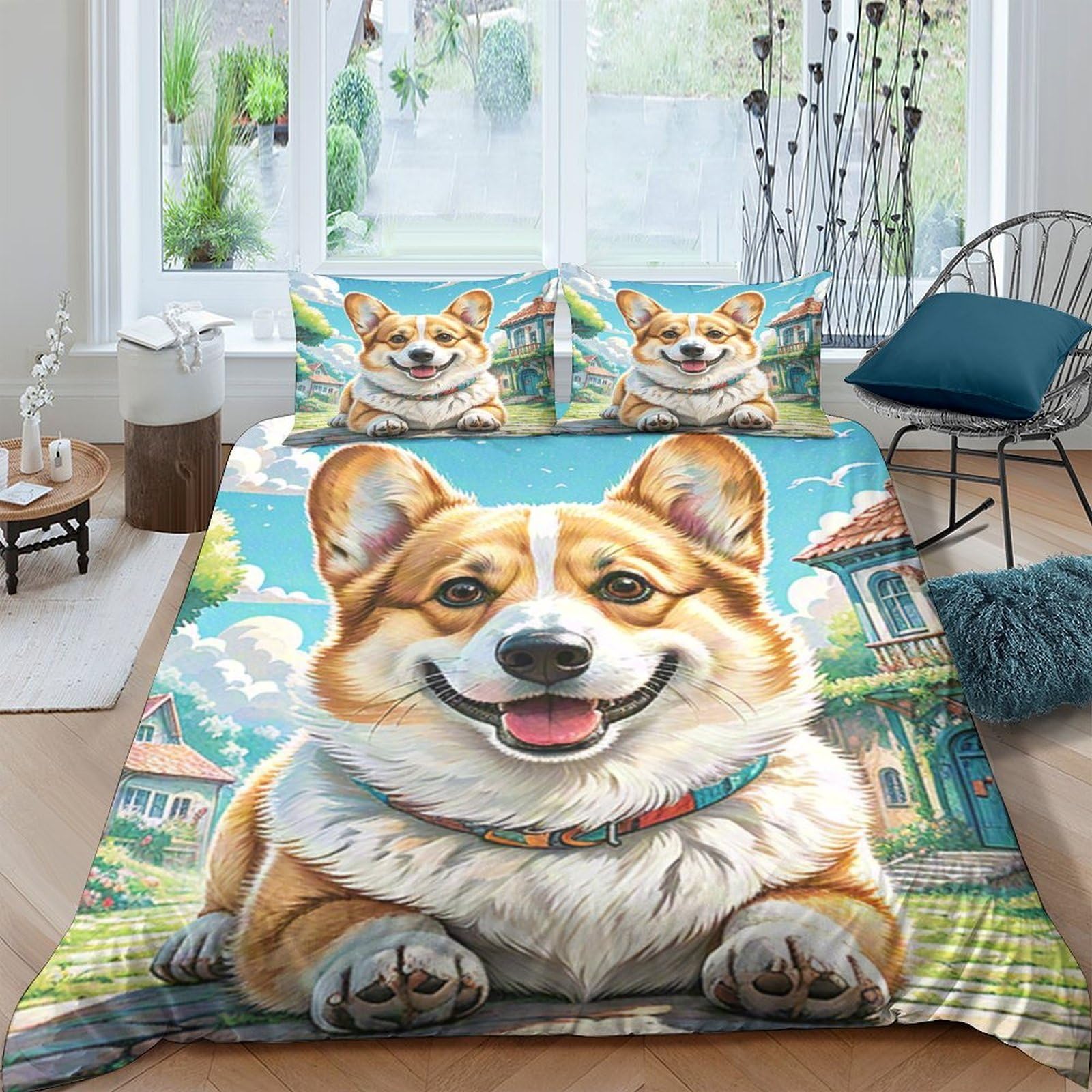 Ctjqhvkz Style-8 3D Printed Corgi Dog Fitted Sheet Microfiber Soft Decorative Cartoon Pet Bed Cover For Bedroom Dorm Mattress Protection Single（135X200cm）
