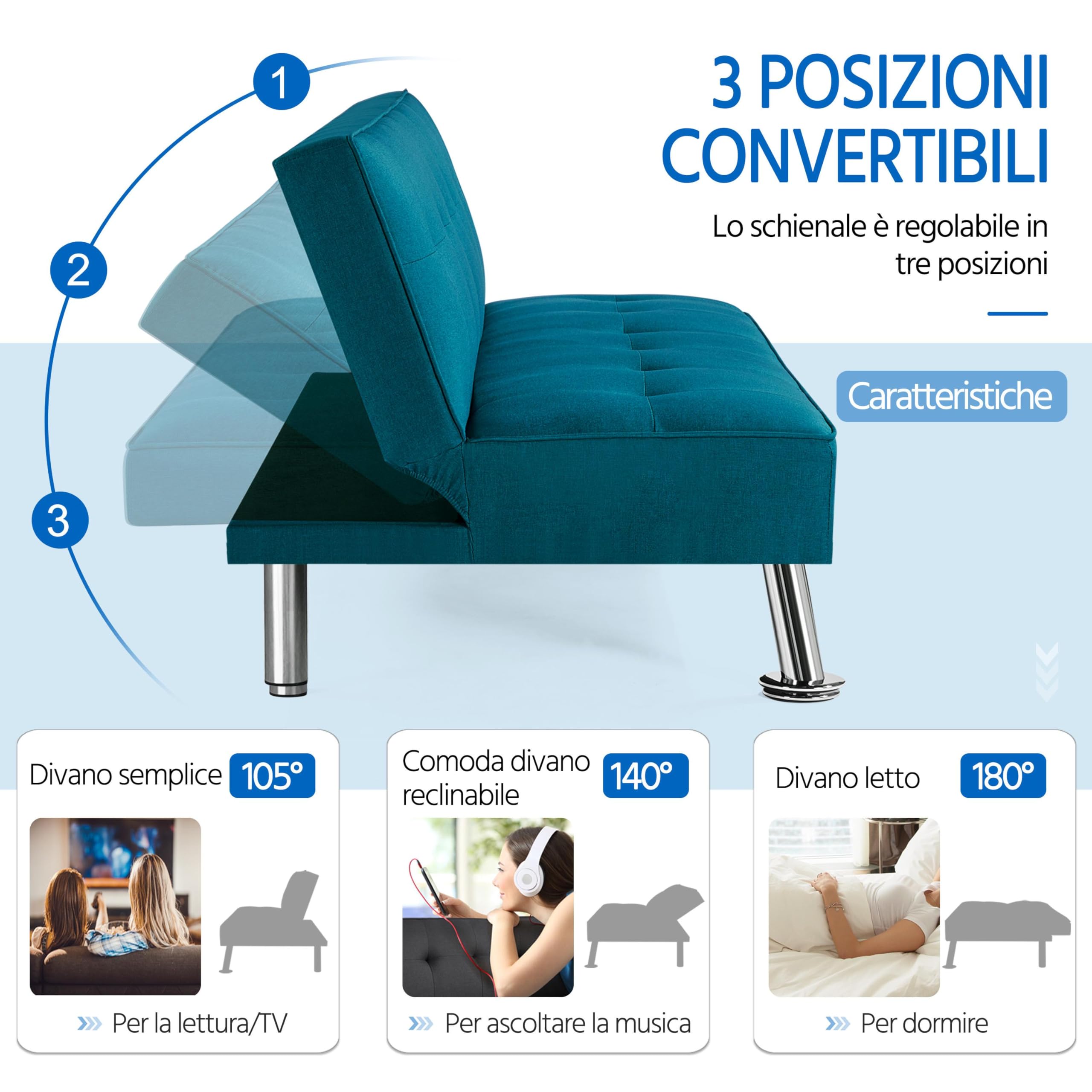 Yaheetech Divano Letto Reclinabile con Seduta Imbottita Convertibile in Letto 105° - 180° Mobile Regolabile da Soggiorno Salotto Stanza Ospiti Arredamento per Riposo Blu Acqua/Tessuto