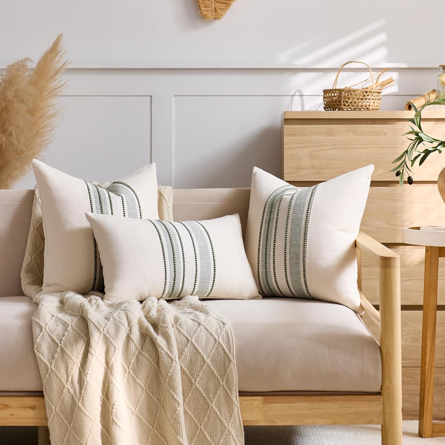 Striped Linen Textured Throw Pillow Covers 20x20 Inch Set of 2,Boho Decorative Cushion Covers, Neutral Olive Green Accent Pillowcases for Couch, Sofa, Bed Farmhouse & Modern Living Room Decor - Image 4