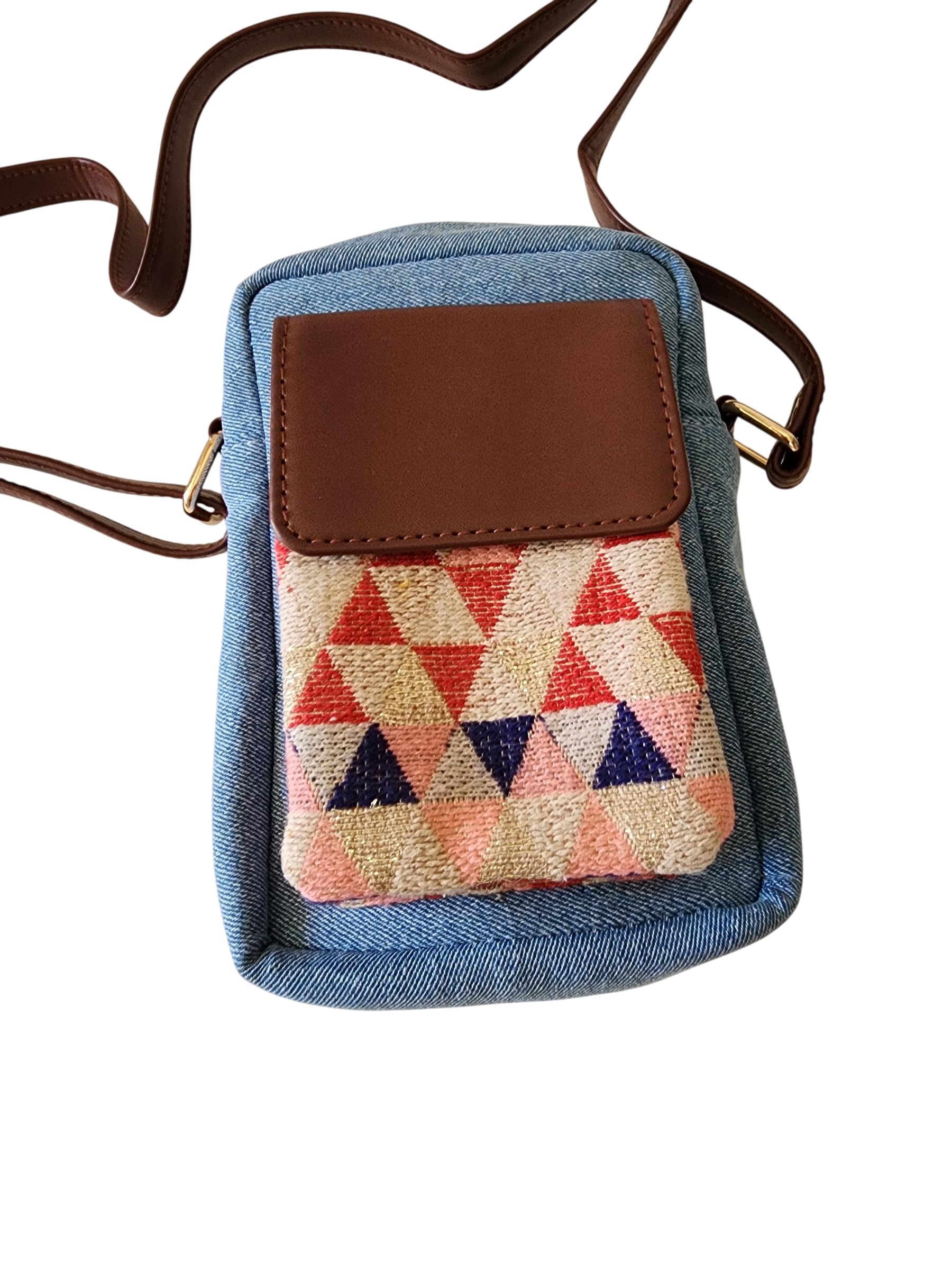 Nomad Denim Sling Bag for Women | Vegan Leather with Jacquard Handwoven Fabric | Durable Handmade Carry Purse with Adjustable Strap | Travel & Casual Utility Accessory-image-13
