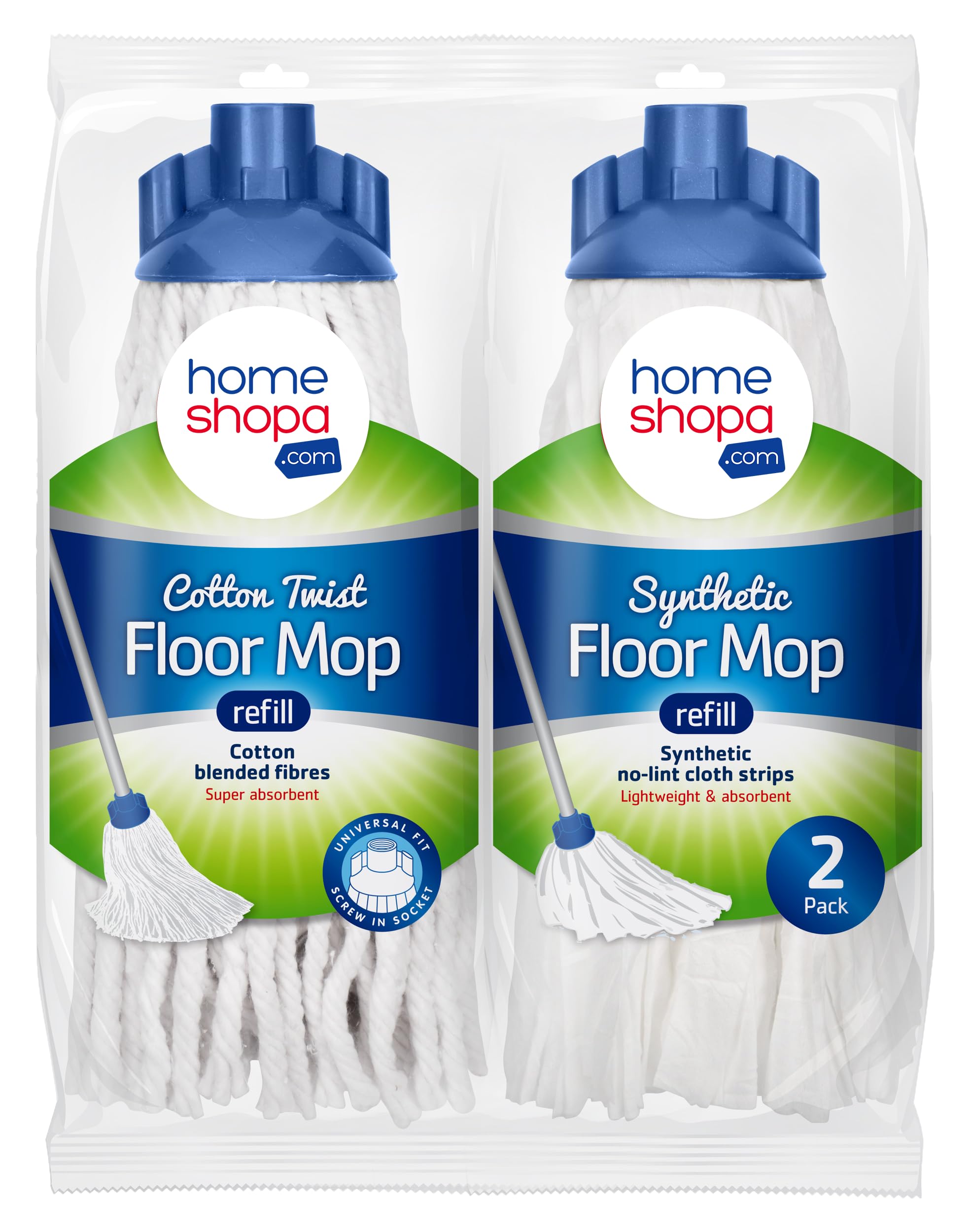 Homeshopa.com White/Blue Homeshopa 2 Pack Cotton & Synthetic Mop Head Replacement Refill, Twist Lock With Plastic Socket, Super Absorbent Wet & Dry Floor Cleaning For Domestic & Commercial Use